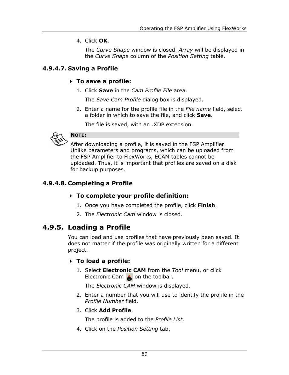 Loading a profile, Saving a profile, Completing | Profile | Yaskawa FSP Amplifier FlexWorks User Manual | Page 69 / 258