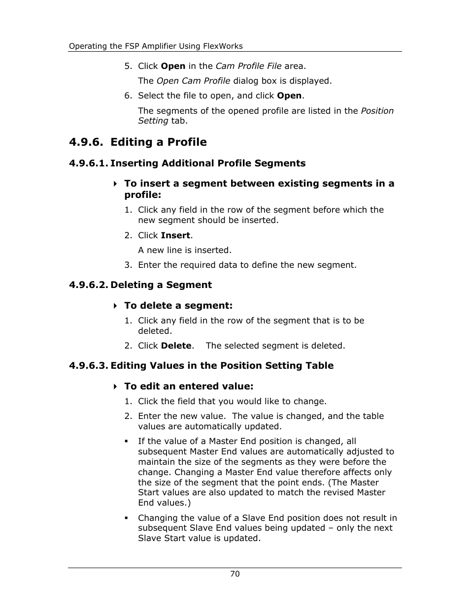 Editing a profile, Inserting additional profile segments, Deleting | Segment, Editing values in the position setting table | Yaskawa FSP Amplifier FlexWorks User Manual | Page 70 / 258