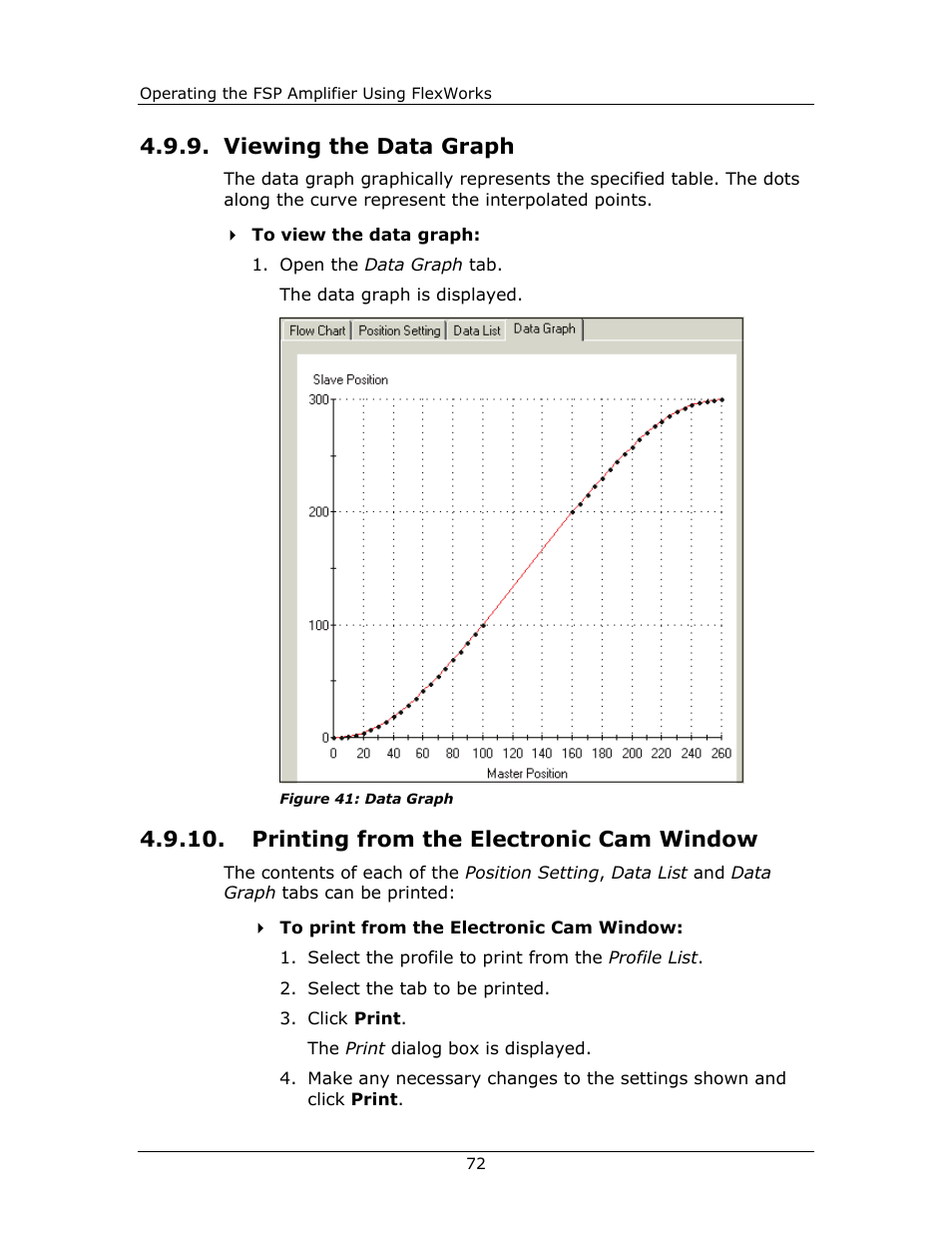 Viewing the data graph, Printing from the electronic cam window | Yaskawa FSP Amplifier FlexWorks User Manual | Page 72 / 258