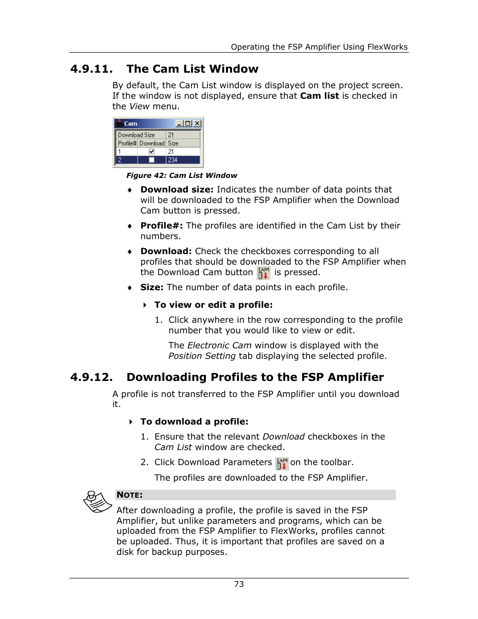 The cam list window, Downloading profiles to the fsp amplifier | Yaskawa FSP Amplifier FlexWorks User Manual | Page 73 / 258