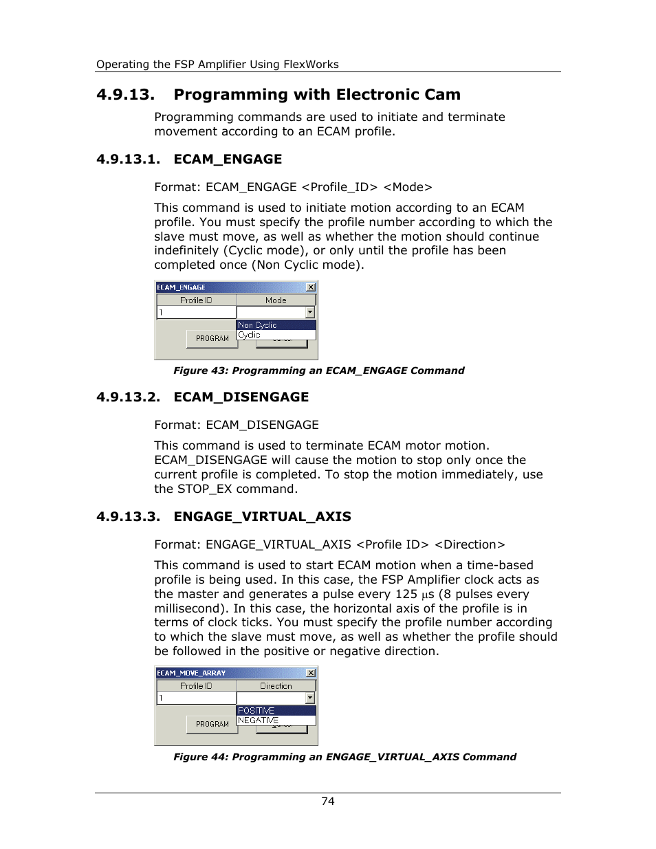 Programming with electronic cam, Ecam_engage, Ecam_disengage 4.9.13.3. engage_virtual_axis | Yaskawa FSP Amplifier FlexWorks User Manual | Page 74 / 258
