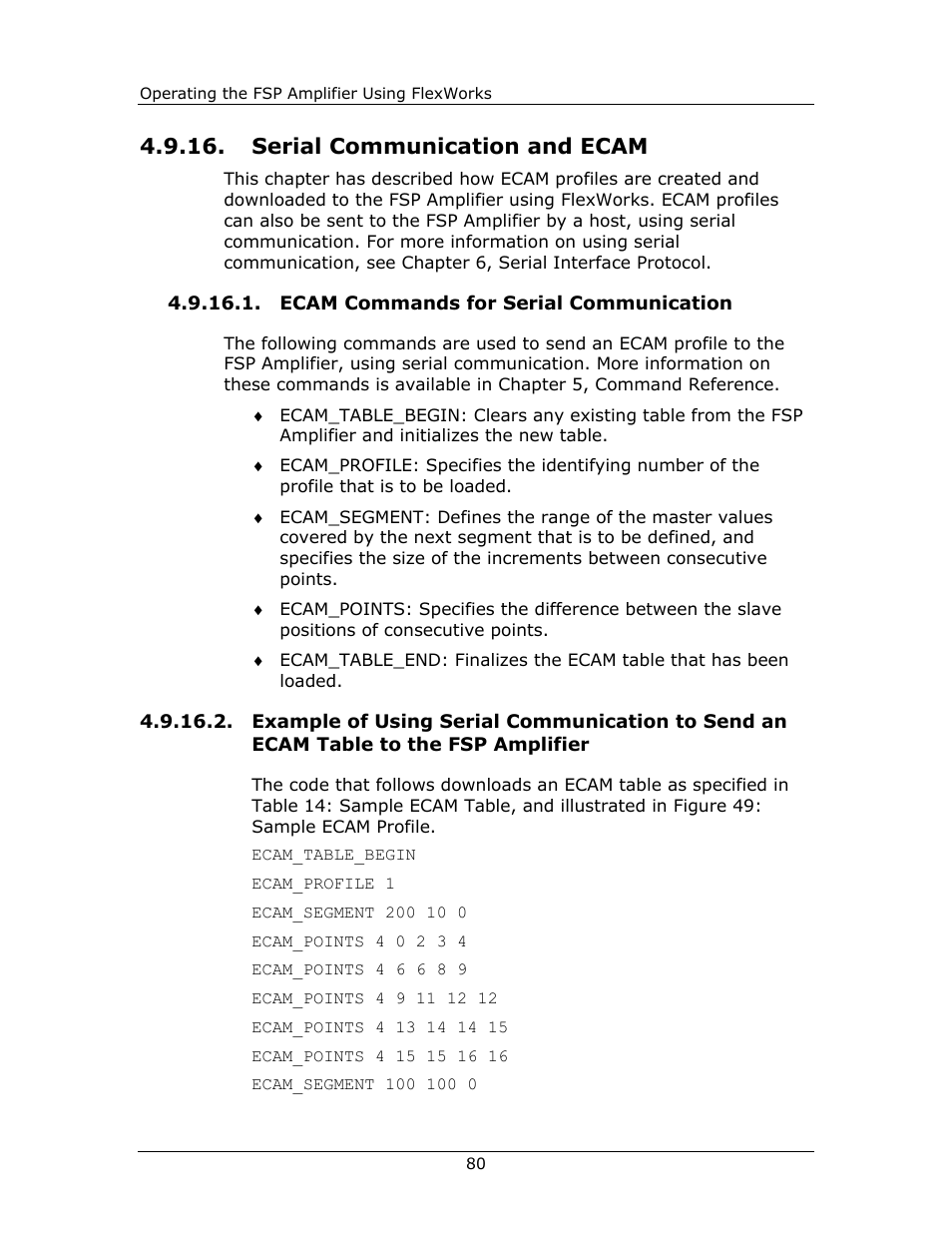 Serial communication and ecam, Ecam commands for serial communication, The fsp amplifier | Yaskawa FSP Amplifier FlexWorks User Manual | Page 80 / 258