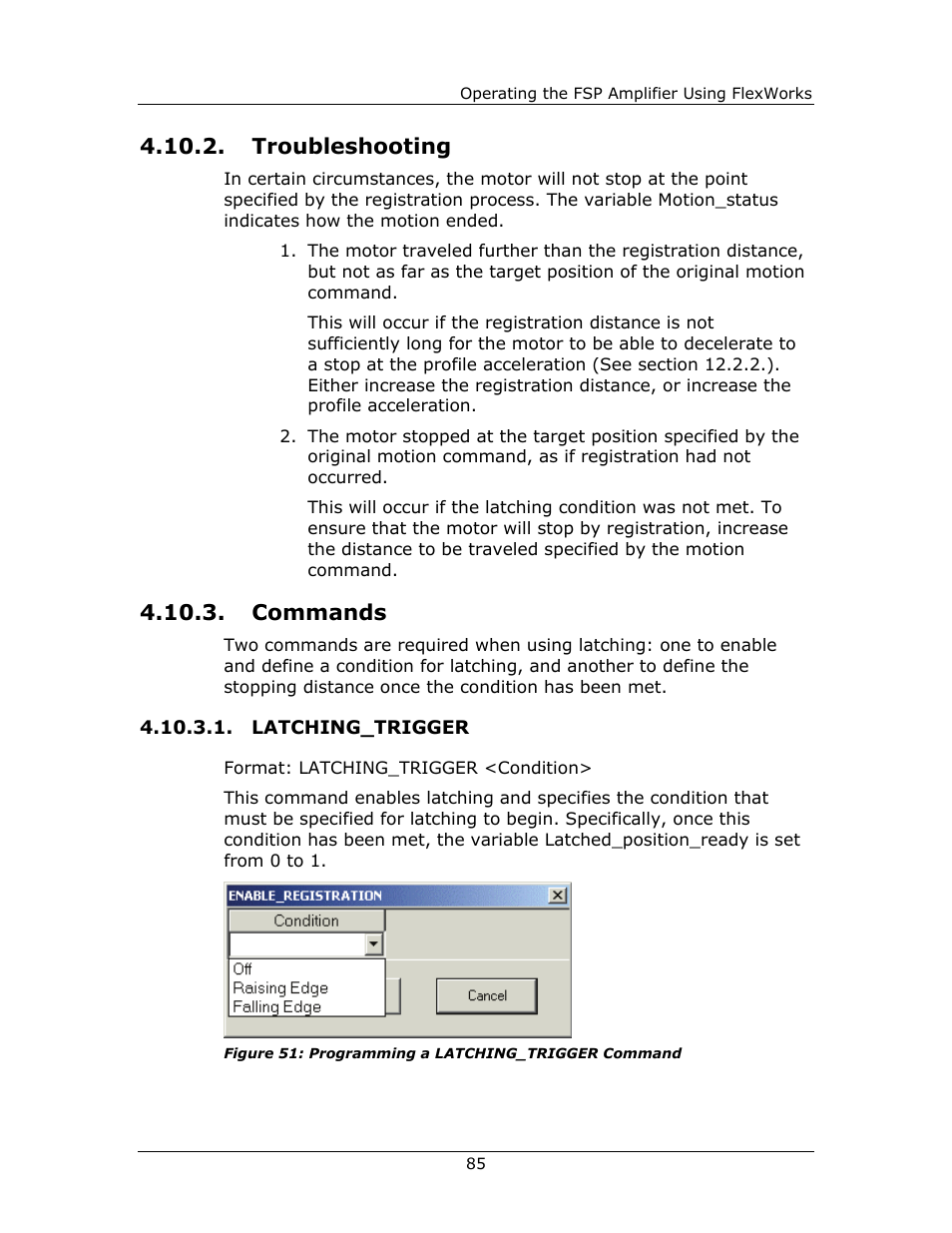 Troubleshooting, Commands, Troubleshooting 4.10.3. commands | Latching_trigger | Yaskawa FSP Amplifier FlexWorks User Manual | Page 85 / 258