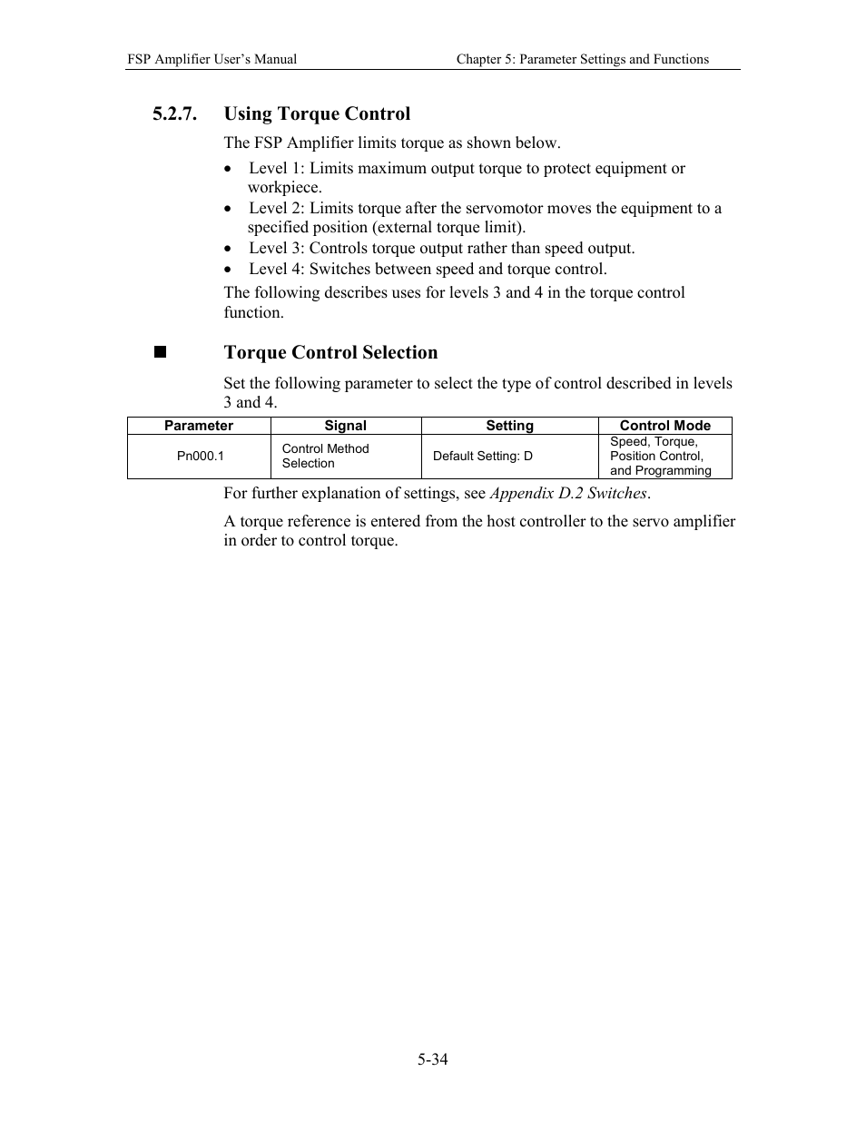 Using torque control, Torque control selection | Yaskawa FSP Amplifier User Manual | Page 101 / 366