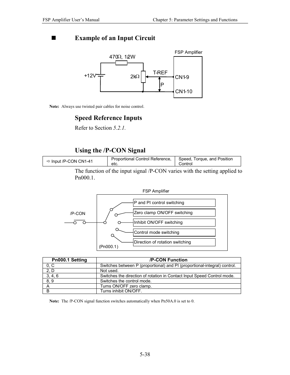 Example of an input circuit, Speed reference inputs, Using the /p-con signal | Yaskawa FSP Amplifier User Manual | Page 105 / 366