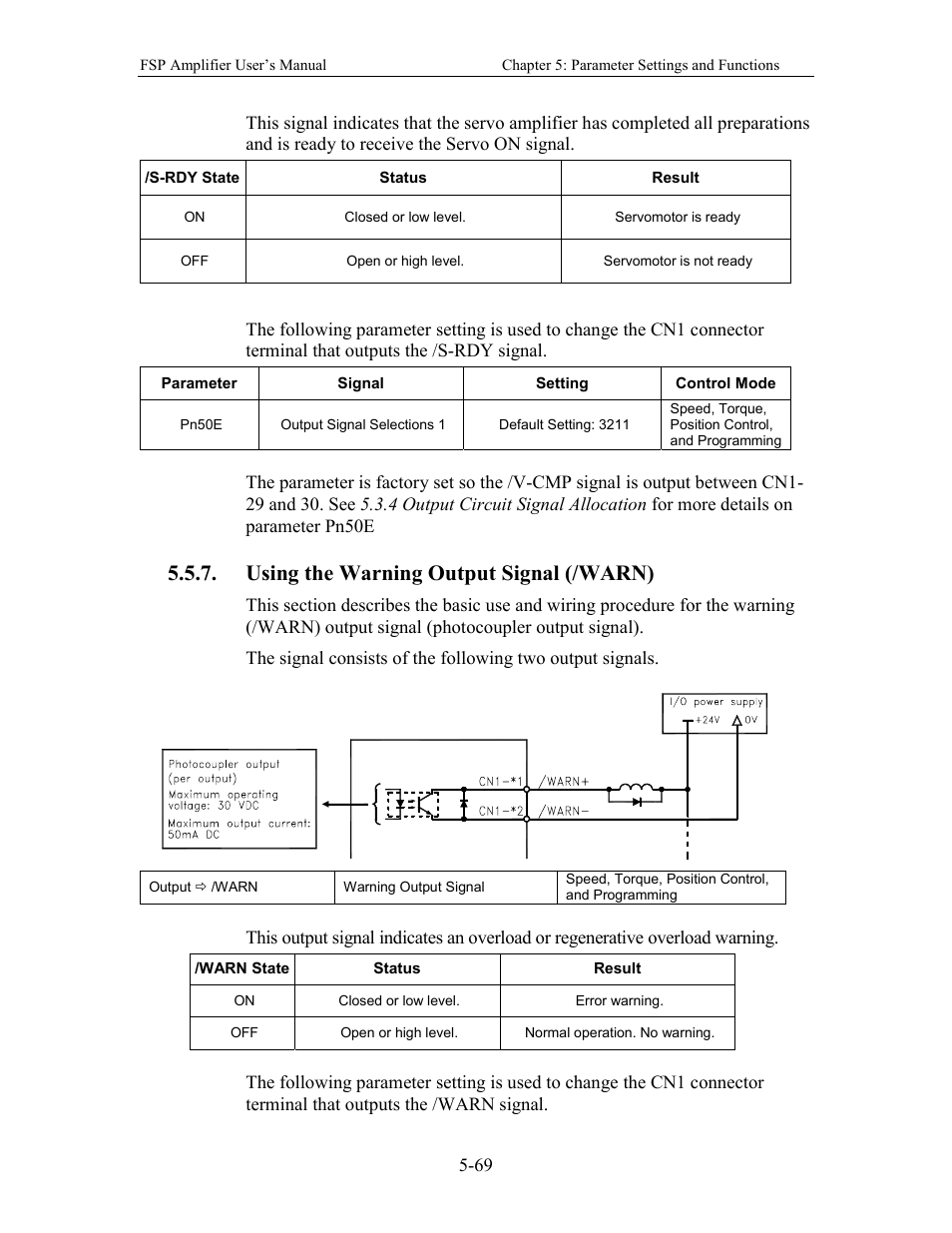 Using the warning output signal (/warn) | Yaskawa FSP Amplifier User Manual | Page 136 / 366