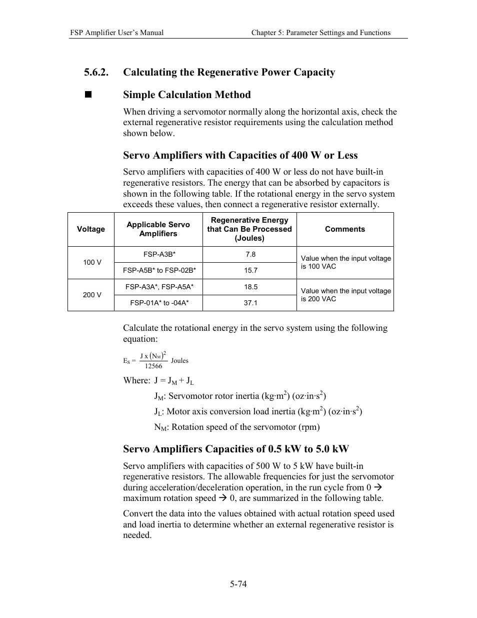 Calculating the regenerative power capacity, Servo amplifiers with capacities of 400 w or less, Servo amplifiers capacities of 0.5 kw to 5.0 kw | Yaskawa FSP Amplifier User Manual | Page 141 / 366