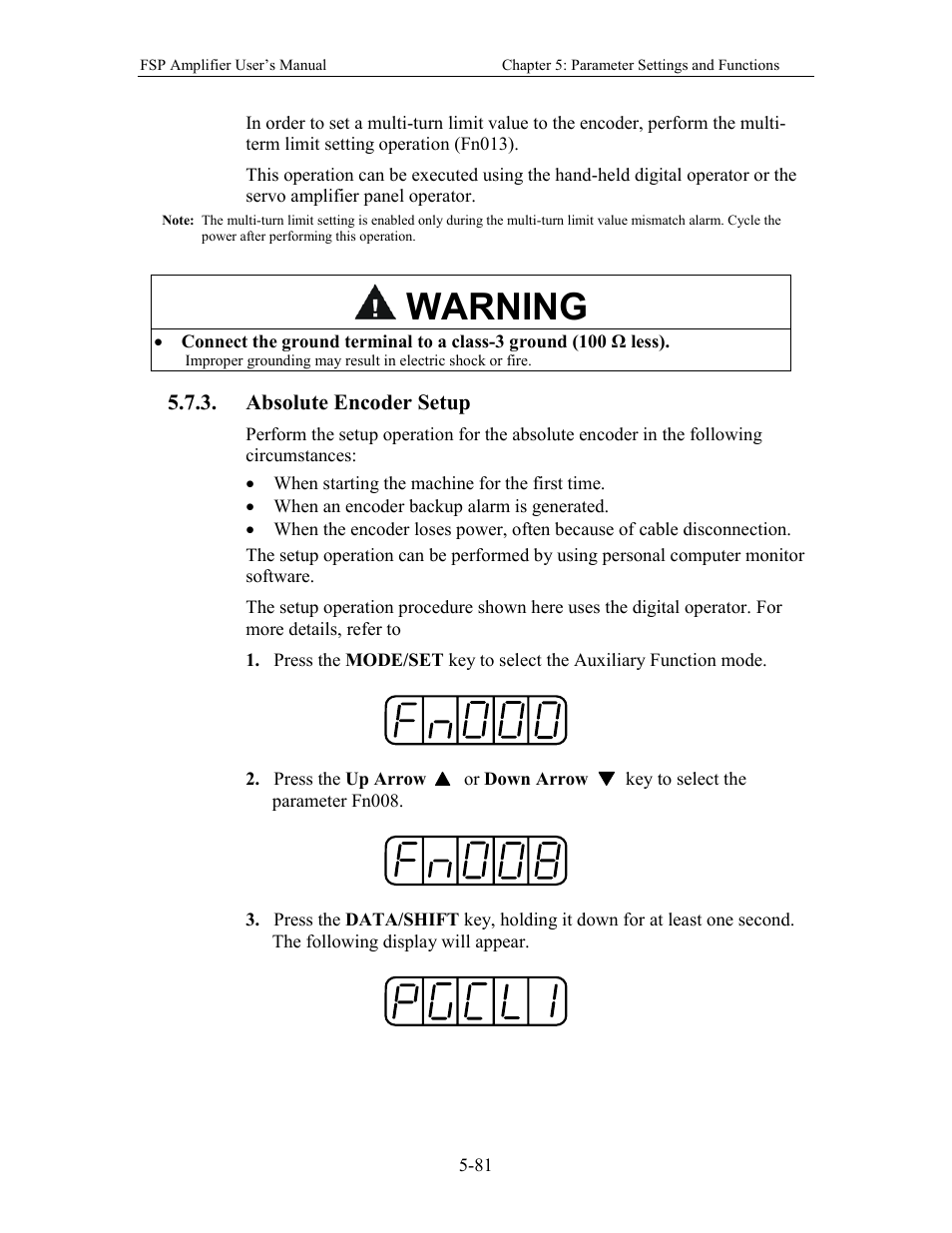 Absolute encoder setup, Warning | Yaskawa FSP Amplifier User Manual | Page 148 / 366
