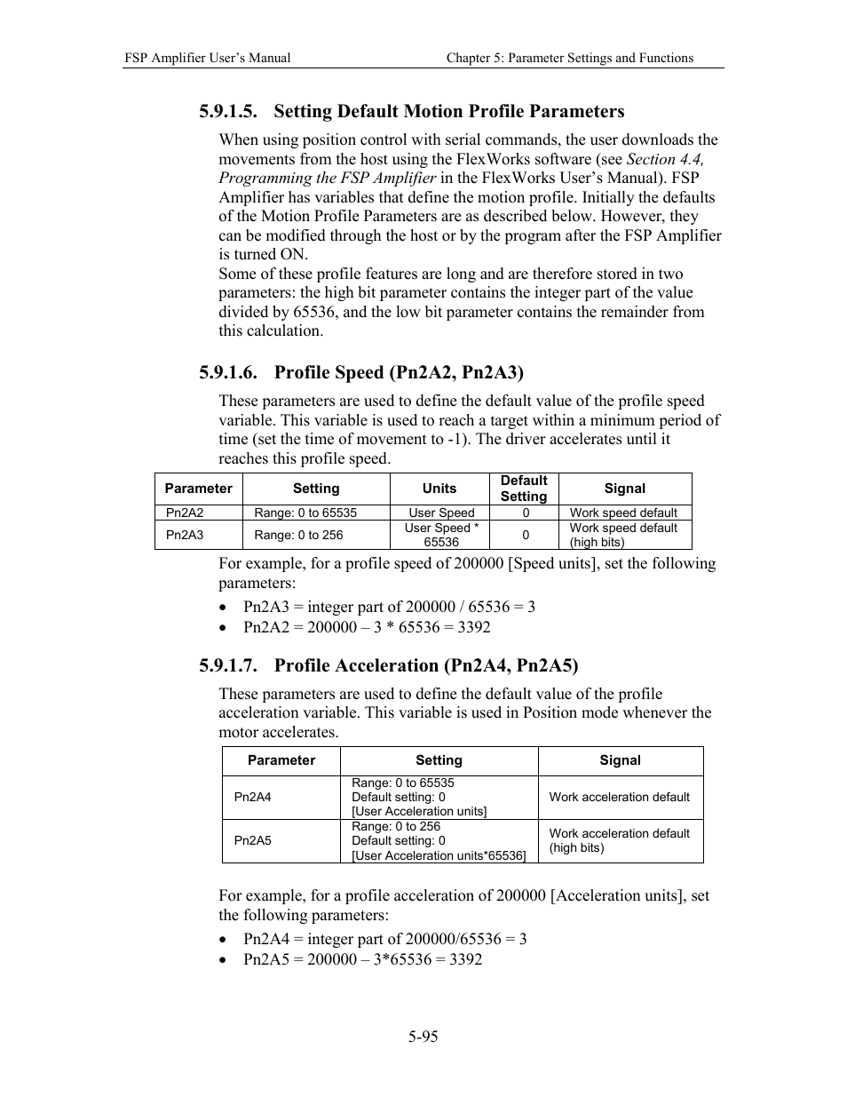 Setting default motion profile parameters, Profile speed (pn2a2, pn2a3), Profile acceleration (pn2a4, pn2a5) | Yaskawa FSP Amplifier User Manual | Page 162 / 366