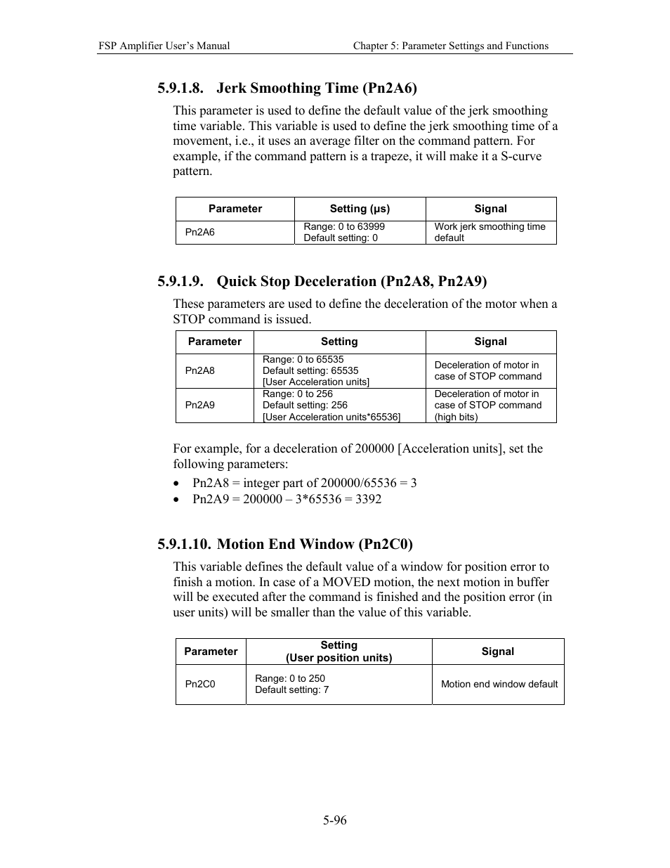 Jerk smoothing time (pn2a6), Quick stop deceleration (pn2a8, pn2a9), Motion end window (pn2c0) | Yaskawa FSP Amplifier User Manual | Page 163 / 366