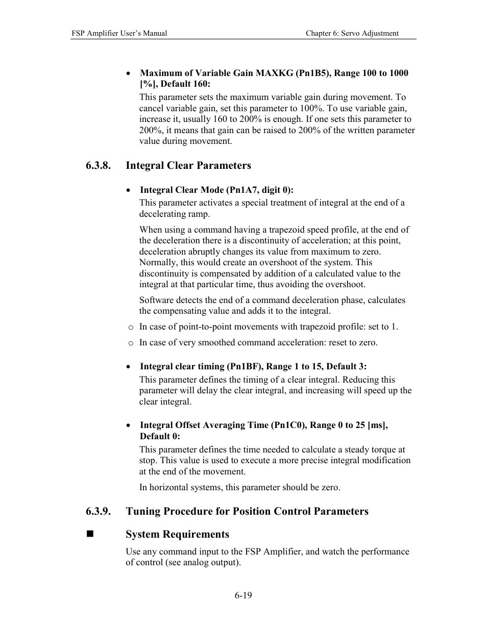 Integral clear parameters, Tuning procedure for position control parameters | Yaskawa FSP Amplifier User Manual | Page 186 / 366