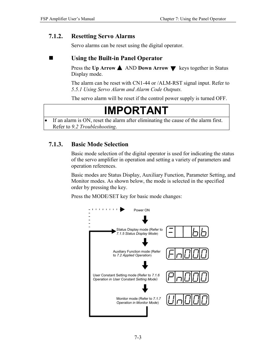 Resetting servo alarms, Basic mode selection, Important | Using the built-in panel operator | Yaskawa FSP Amplifier User Manual | Page 194 / 366