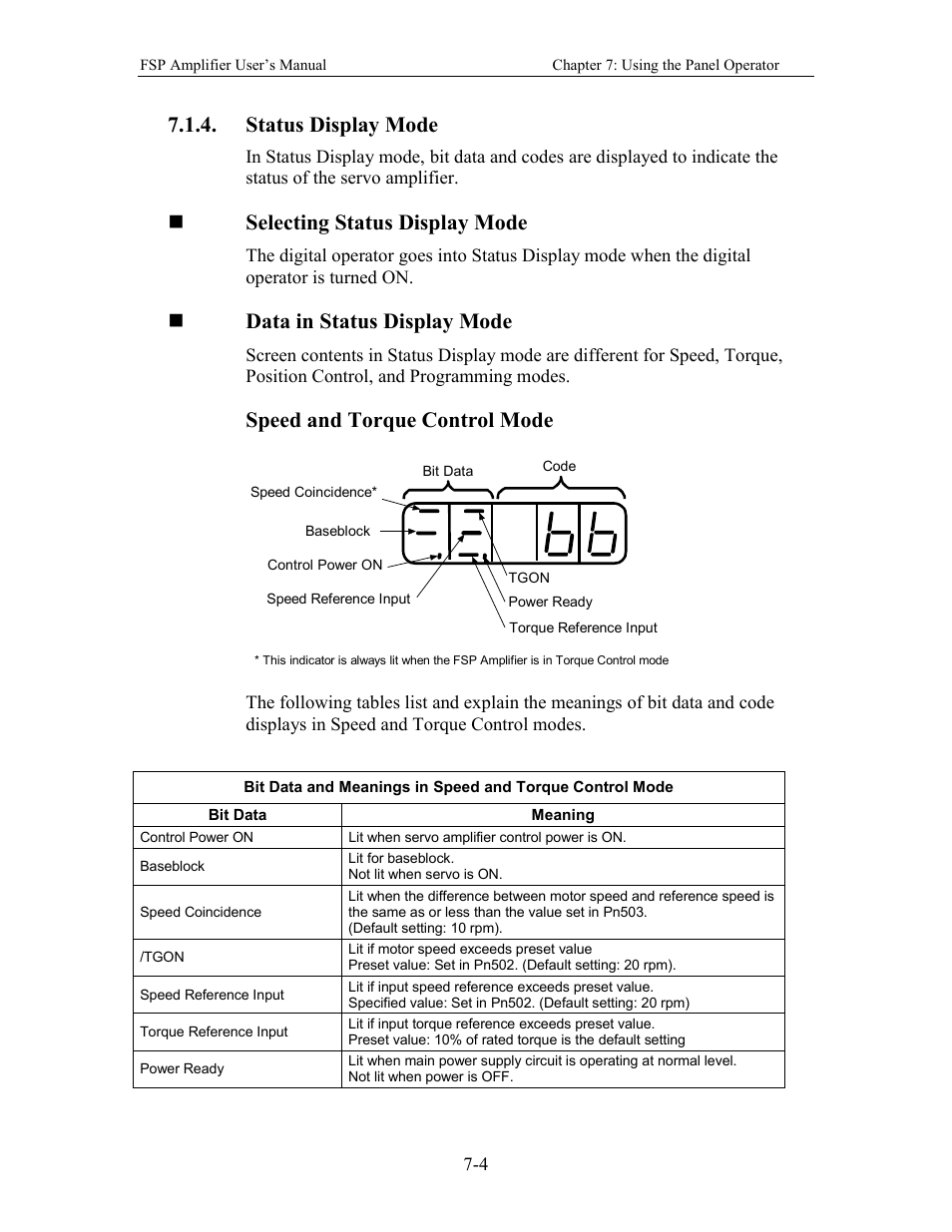 Status display mode, Selecting status display mode, Data in status display mode | Speed and torque control mode | Yaskawa FSP Amplifier User Manual | Page 195 / 366