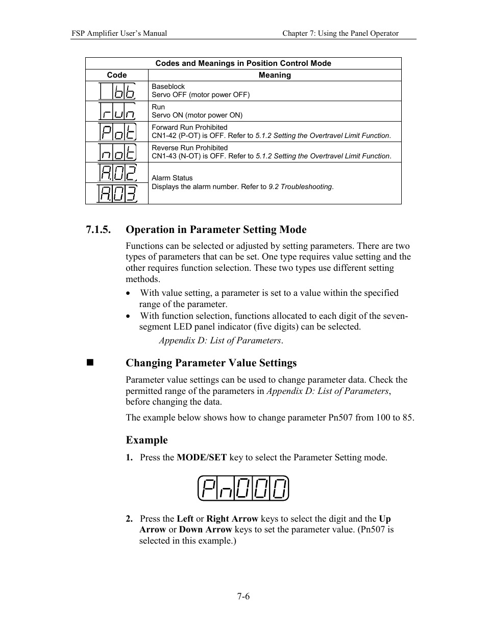 Operation in parameter setting mode, Changing parameter value settings, Example | Yaskawa FSP Amplifier User Manual | Page 197 / 366