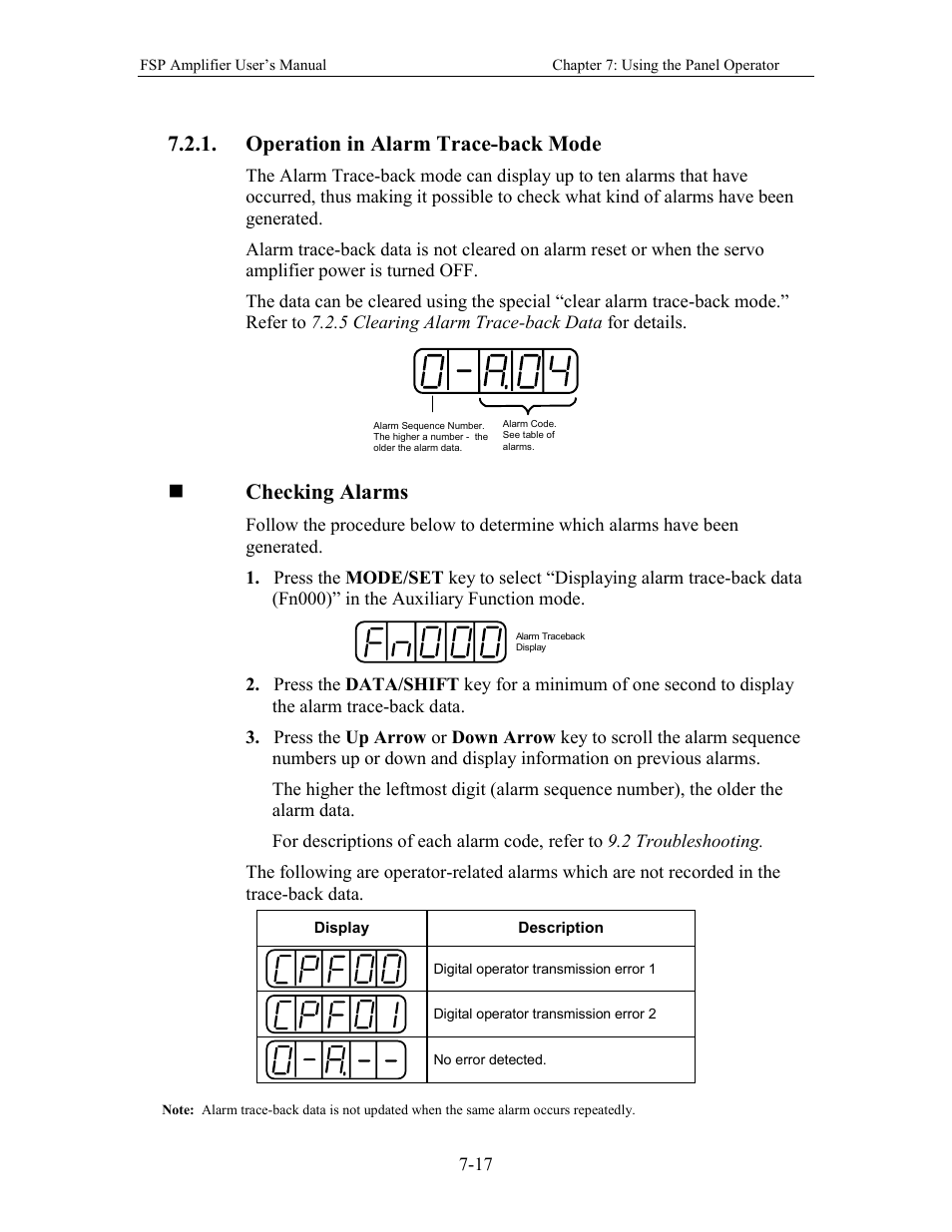 Operation in alarm trace-back mode, Checking alarms | Yaskawa FSP Amplifier User Manual | Page 208 / 366