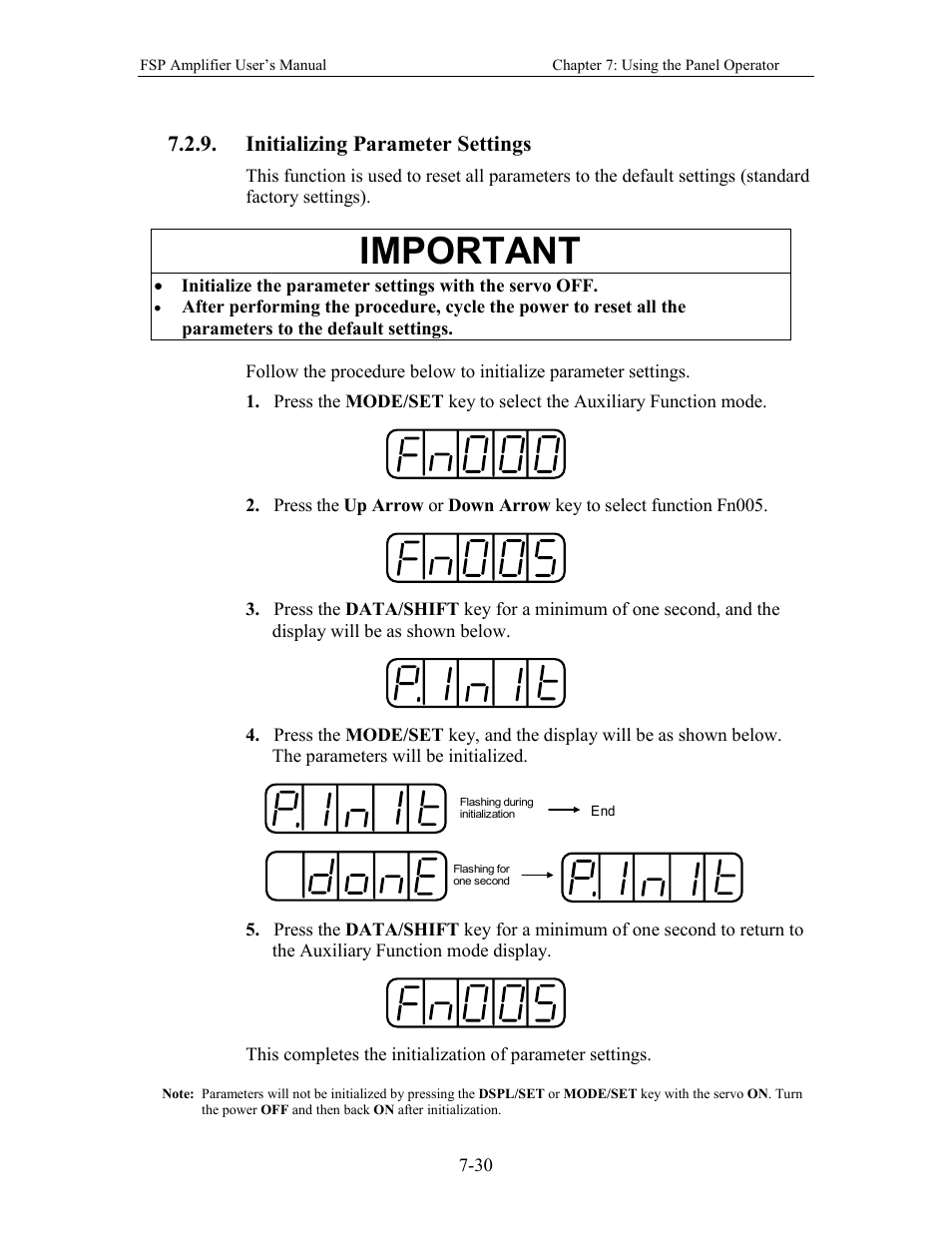 Initializing parameter settings, Important | Yaskawa FSP Amplifier User Manual | Page 221 / 366
