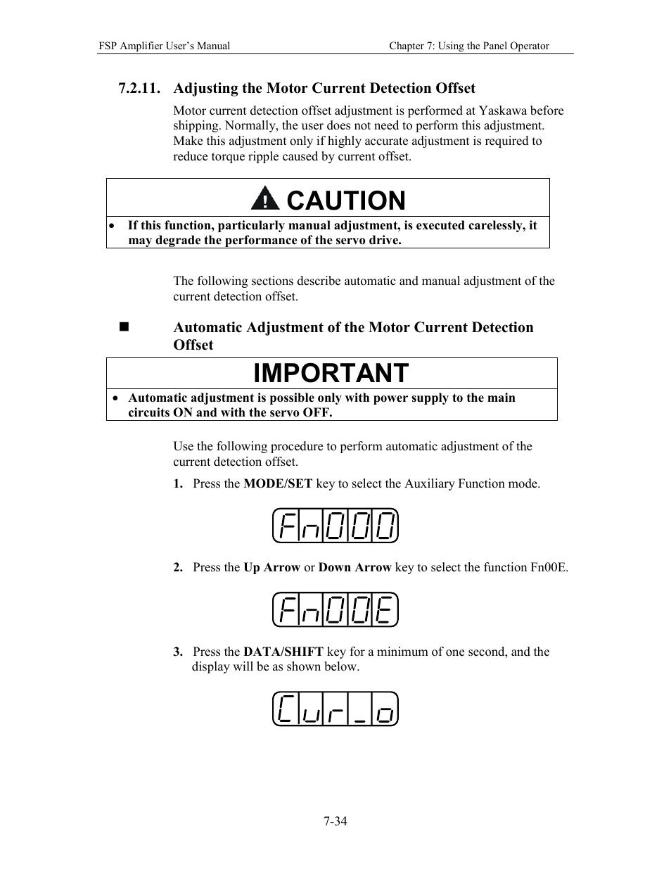 Adjusting the motor current detection offset, Caution, Important | Yaskawa FSP Amplifier User Manual | Page 225 / 366