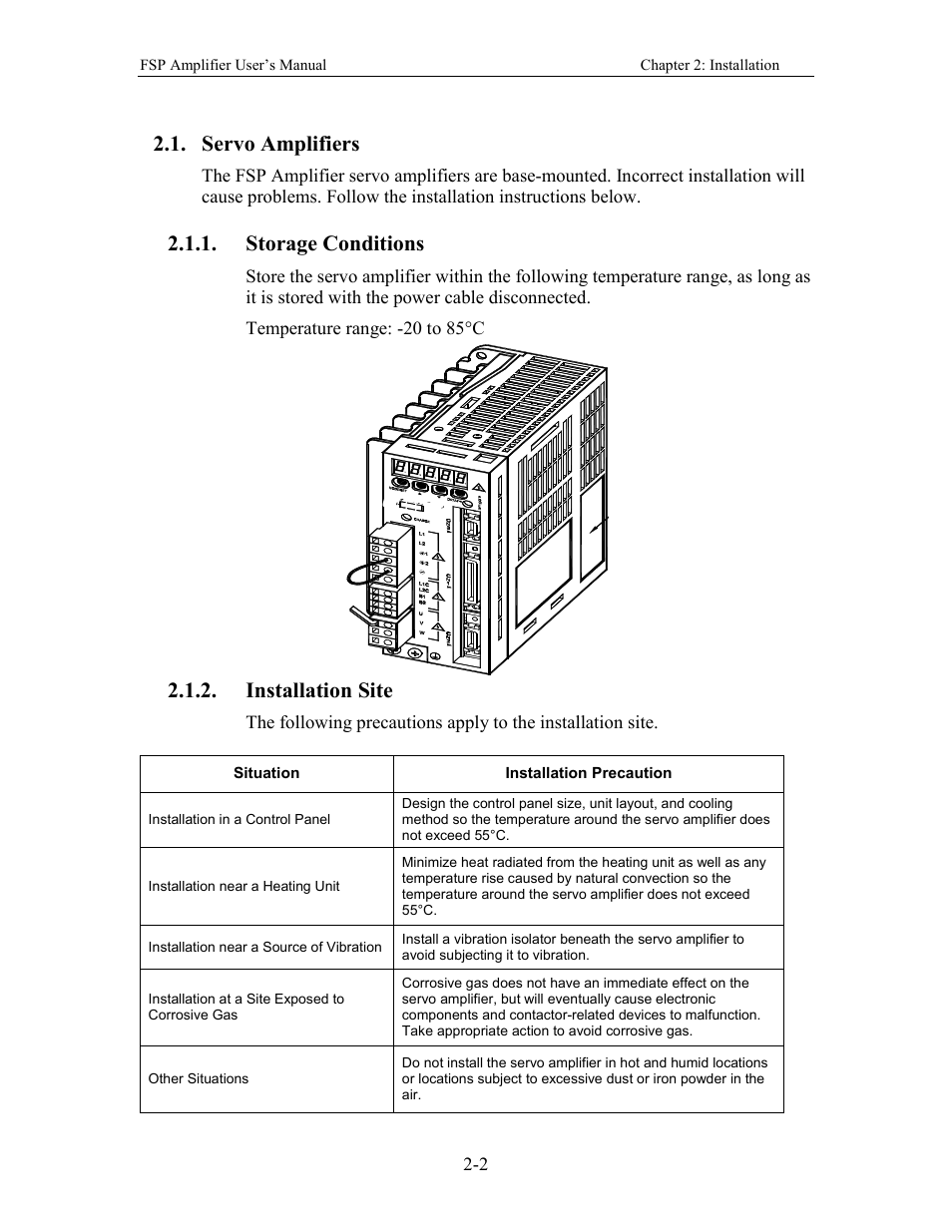 Servo amplifiers, Storage conditions, Installation site | Yaskawa FSP Amplifier User Manual | Page 23 / 366