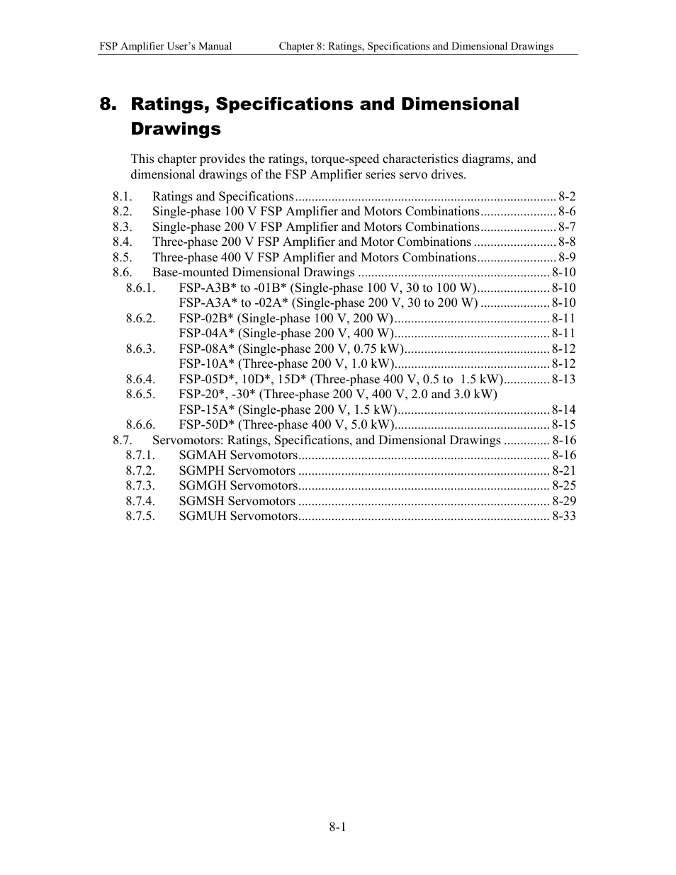 Ratings, specifications and dimensional drawings | Yaskawa FSP Amplifier User Manual | Page 230 / 366