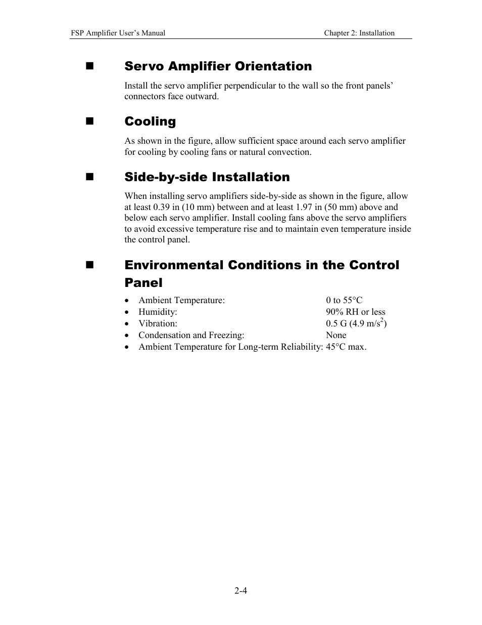 Servo amplifier orientation, Cooling, Side-by-side installation | Environmental conditions in the control panel | Yaskawa FSP Amplifier User Manual | Page 25 / 366