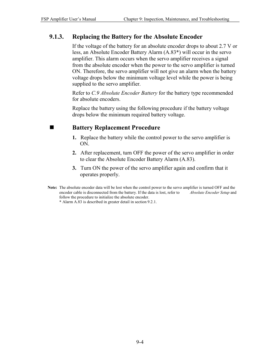 Replacing the battery for the absolute encoder | Yaskawa FSP Amplifier User Manual | Page 269 / 366