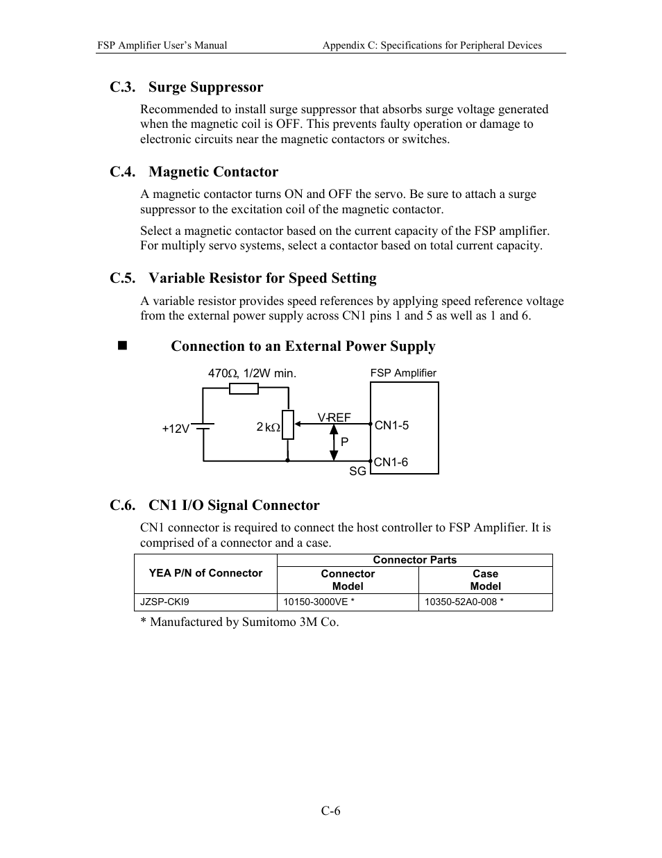 C.3. surge suppressor, C.4. magnetic contactor, C.5. variable resistor for speed setting | C.6. cn1 i/o signal connector, Connection to an external power supply | Yaskawa FSP Amplifier User Manual | Page 337 / 366