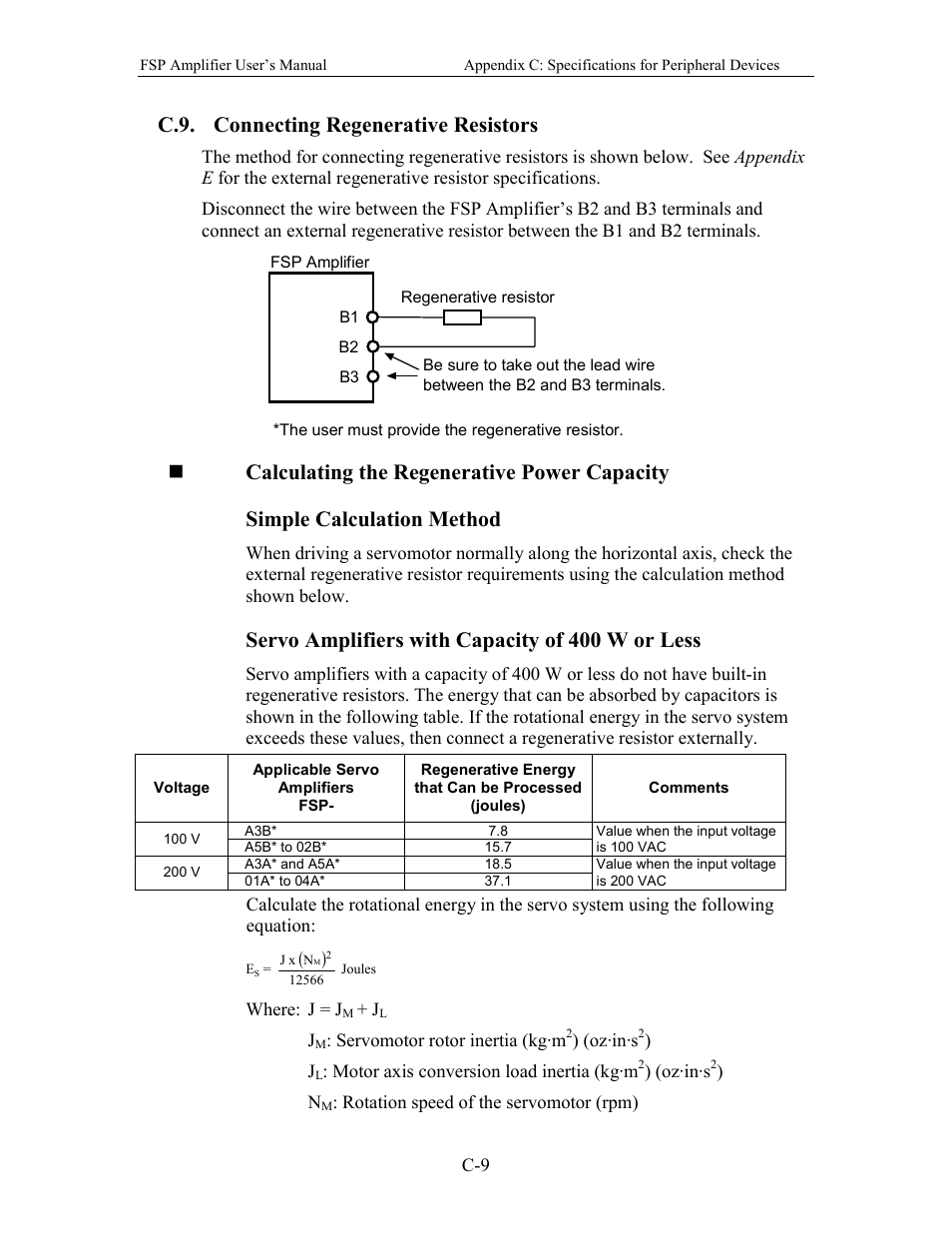 C.9. connecting regenerative resistors, Servo amplifiers with capacity of 400 w or less | Yaskawa FSP Amplifier User Manual | Page 340 / 366