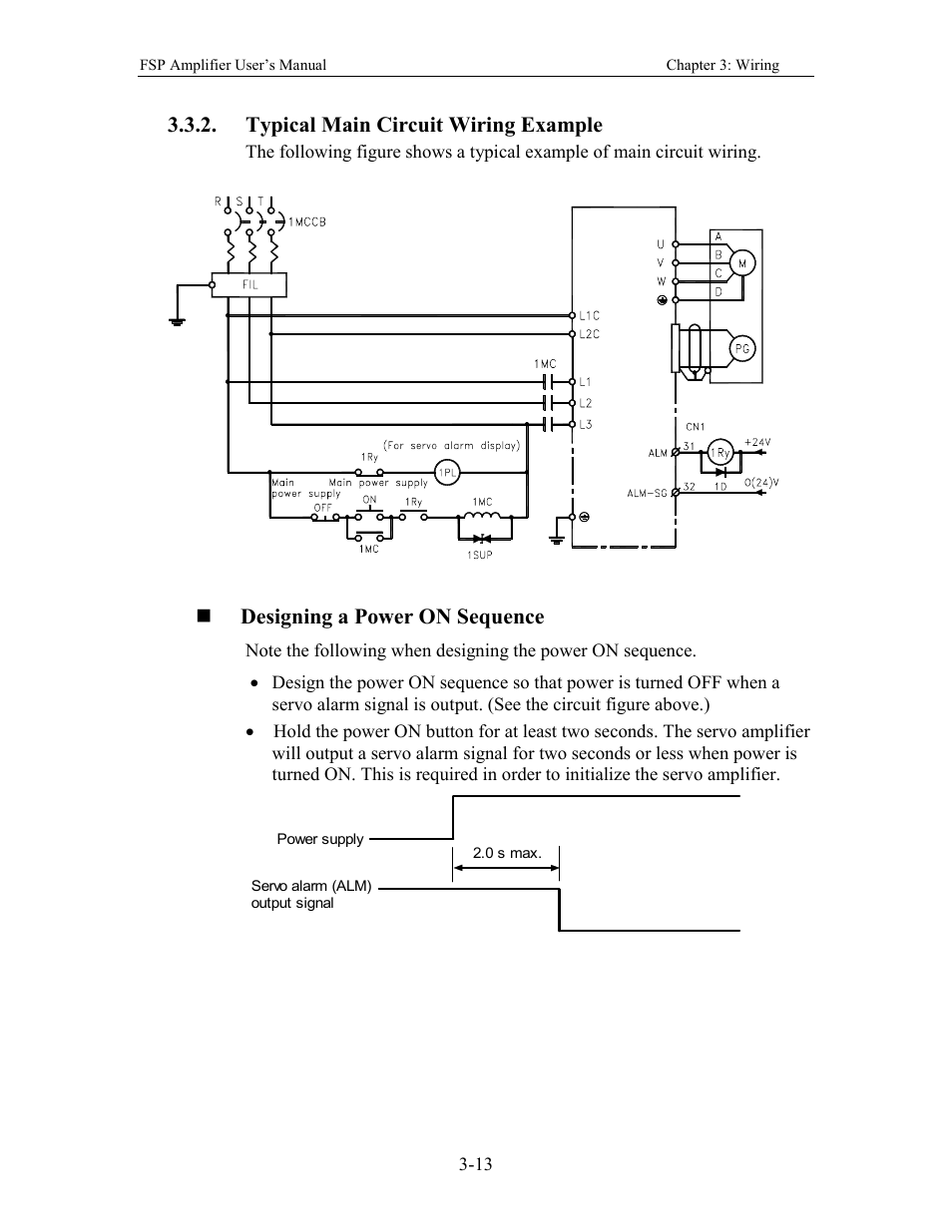 Typical main circuit wiring example, Designing a power on sequence | Yaskawa FSP Amplifier User Manual | Page 38 / 366