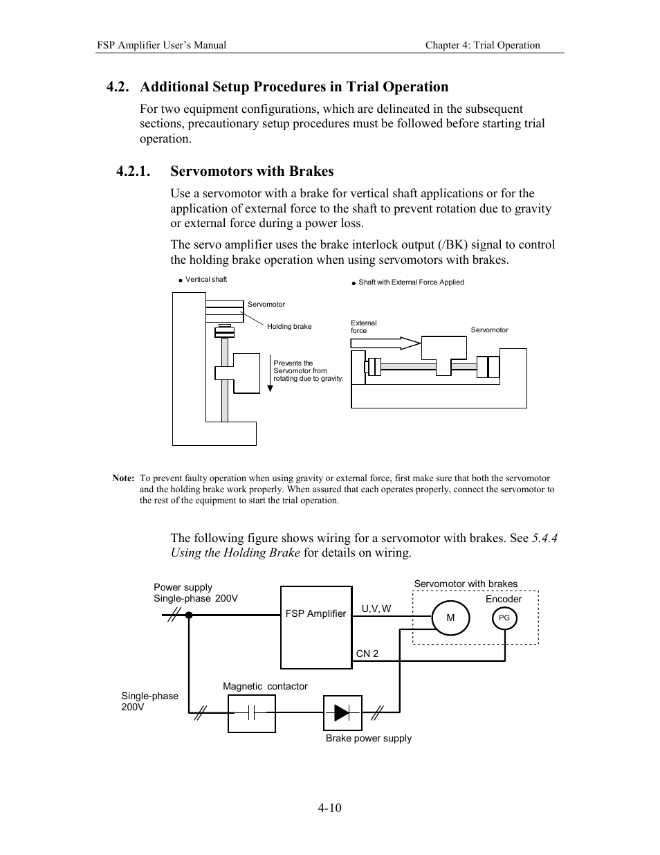 Additional setup procedures in trial operation, Servomotors with brakes | Yaskawa FSP Amplifier User Manual | Page 65 / 366