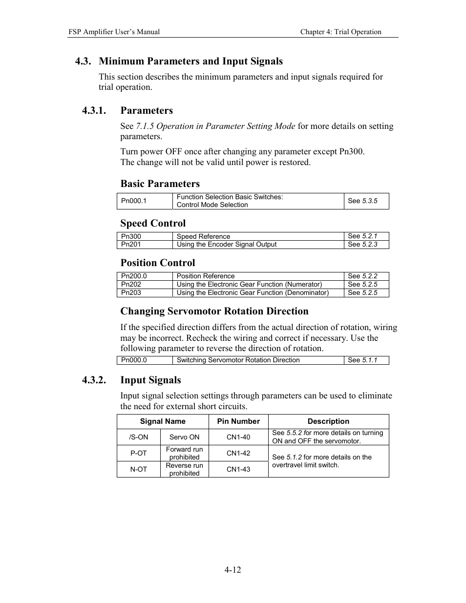 Minimum parameters and input signals, Parameters, Input signals | Basic parameters, Speed control, Position control, Changing servomotor rotation direction | Yaskawa FSP Amplifier User Manual | Page 67 / 366