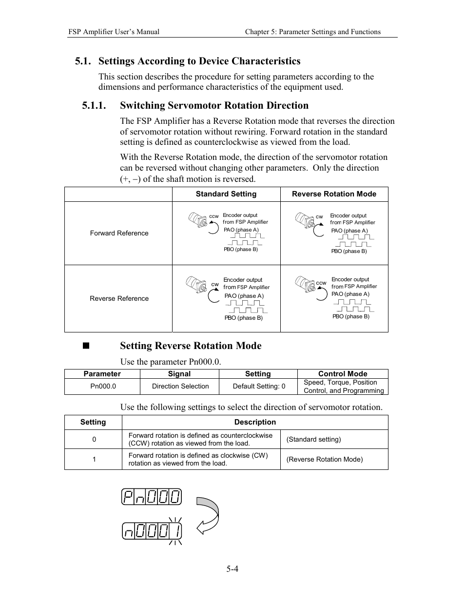 Settings according to device characteristics, Switching servomotor rotation direction, Setting reverse rotation mode | Use the parameter pn000.0 | Yaskawa FSP Amplifier User Manual | Page 71 / 366