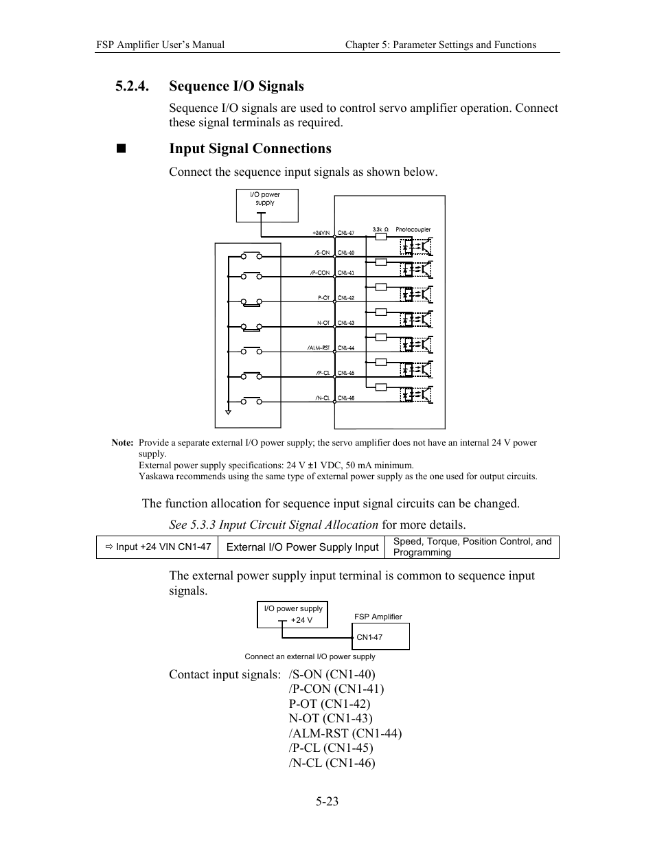 Sequence i/o signals, Input signal connections | Yaskawa FSP Amplifier User Manual | Page 90 / 366