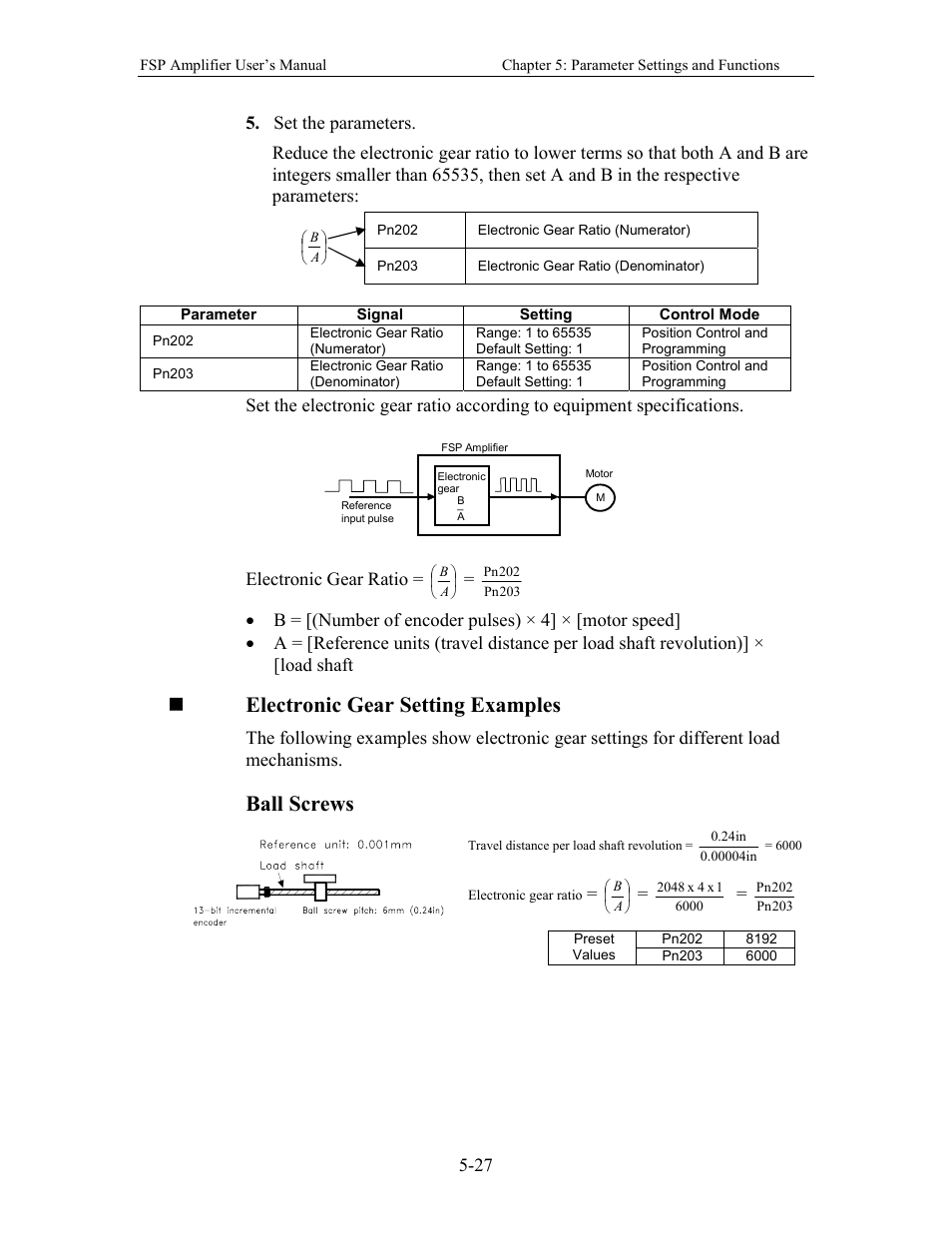 Electronic gear setting examples, Ball screws | Yaskawa FSP Amplifier User Manual | Page 94 / 366
