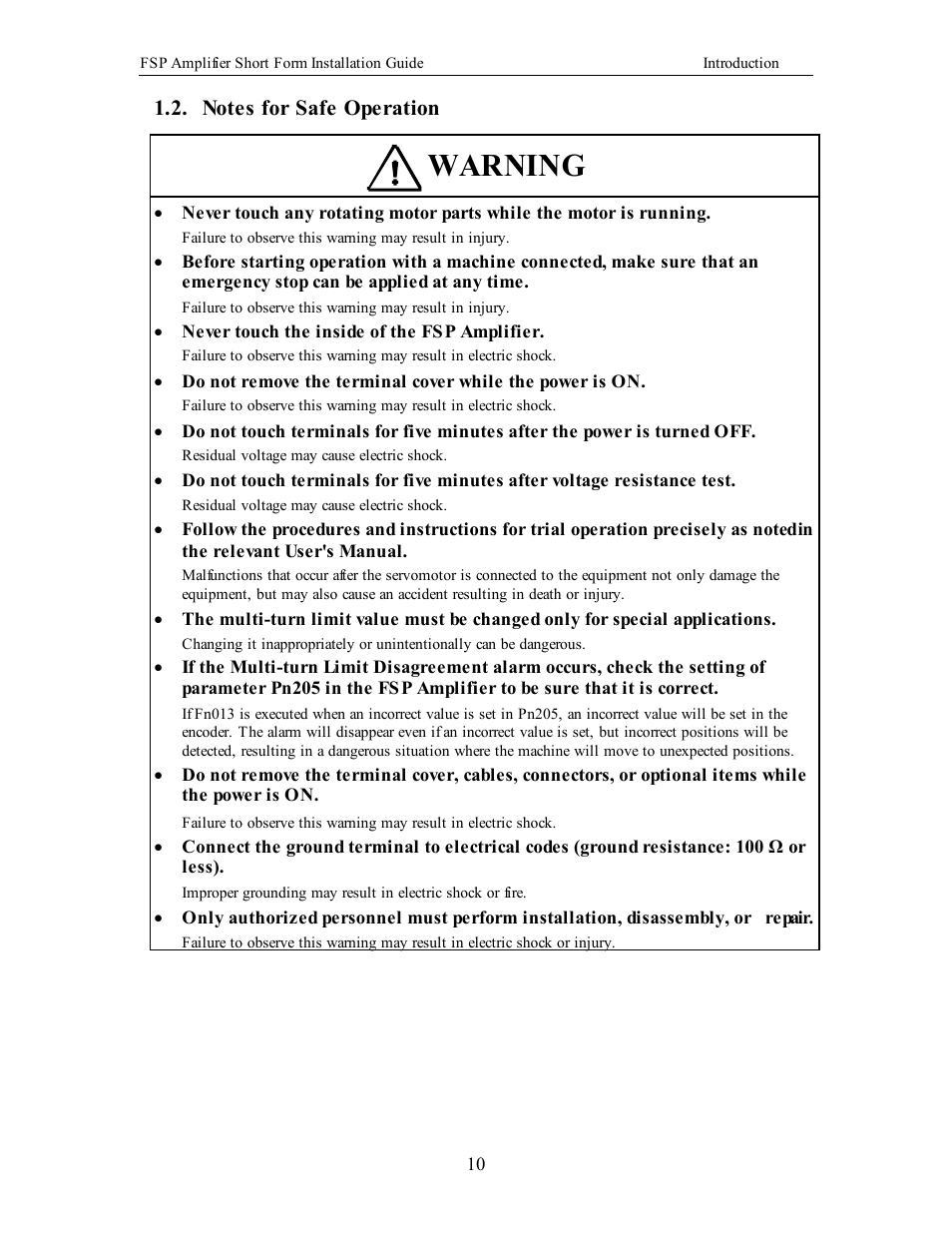 Notes for safe operation, Warning | Yaskawa FSP Short Form User Manual | Page 10 / 58