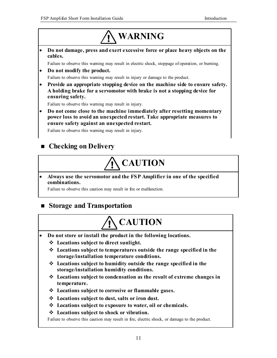 Warning, Caution, Checking on delivery | Storage and transportation | Yaskawa FSP Short Form User Manual | Page 11 / 58