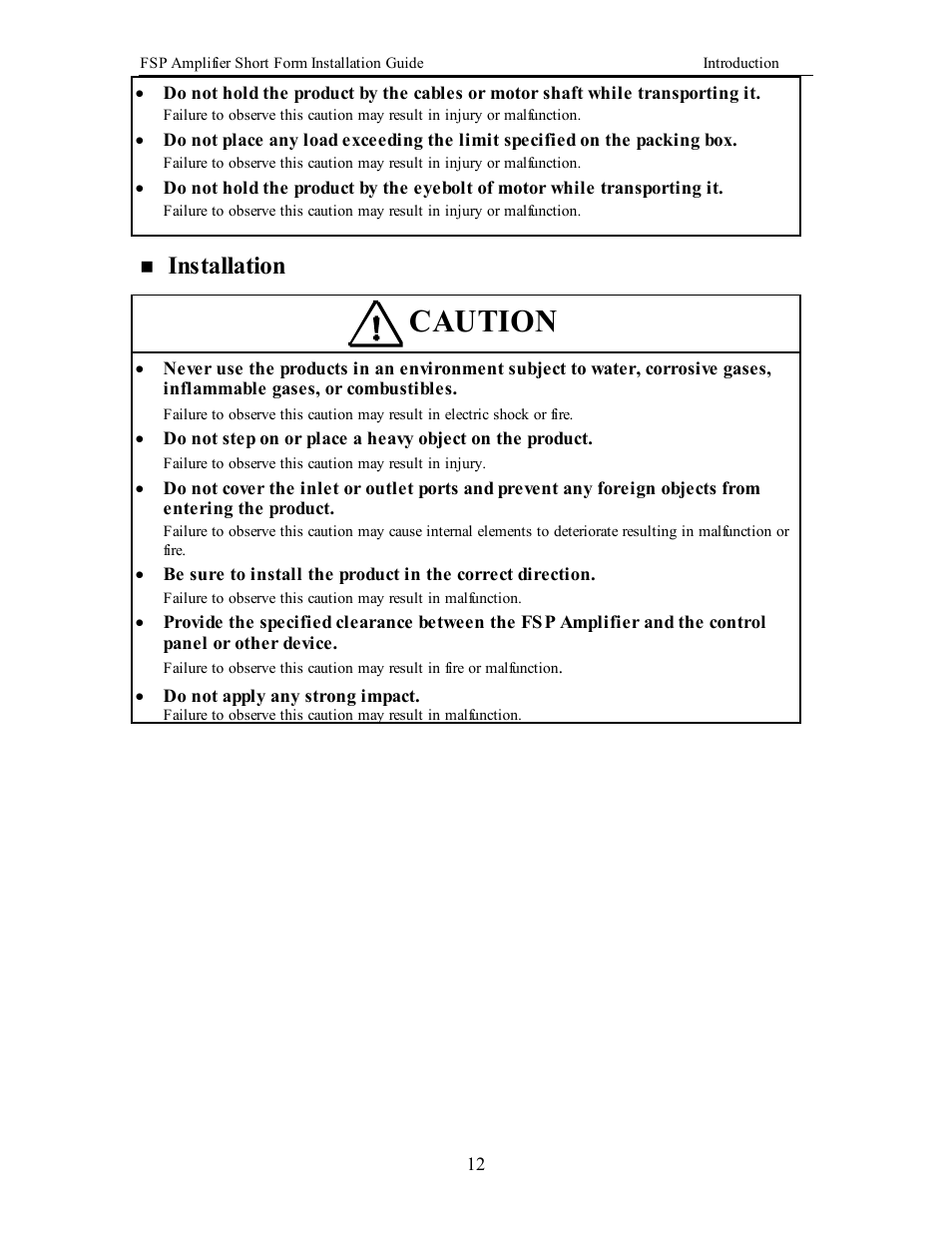 Caution, Installation | Yaskawa FSP Short Form User Manual | Page 12 / 58
