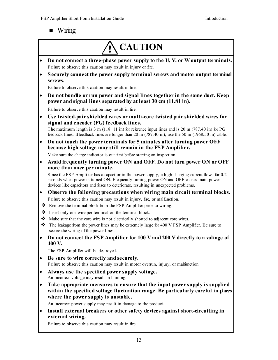 Caution, Wiring | Yaskawa FSP Short Form User Manual | Page 13 / 58
