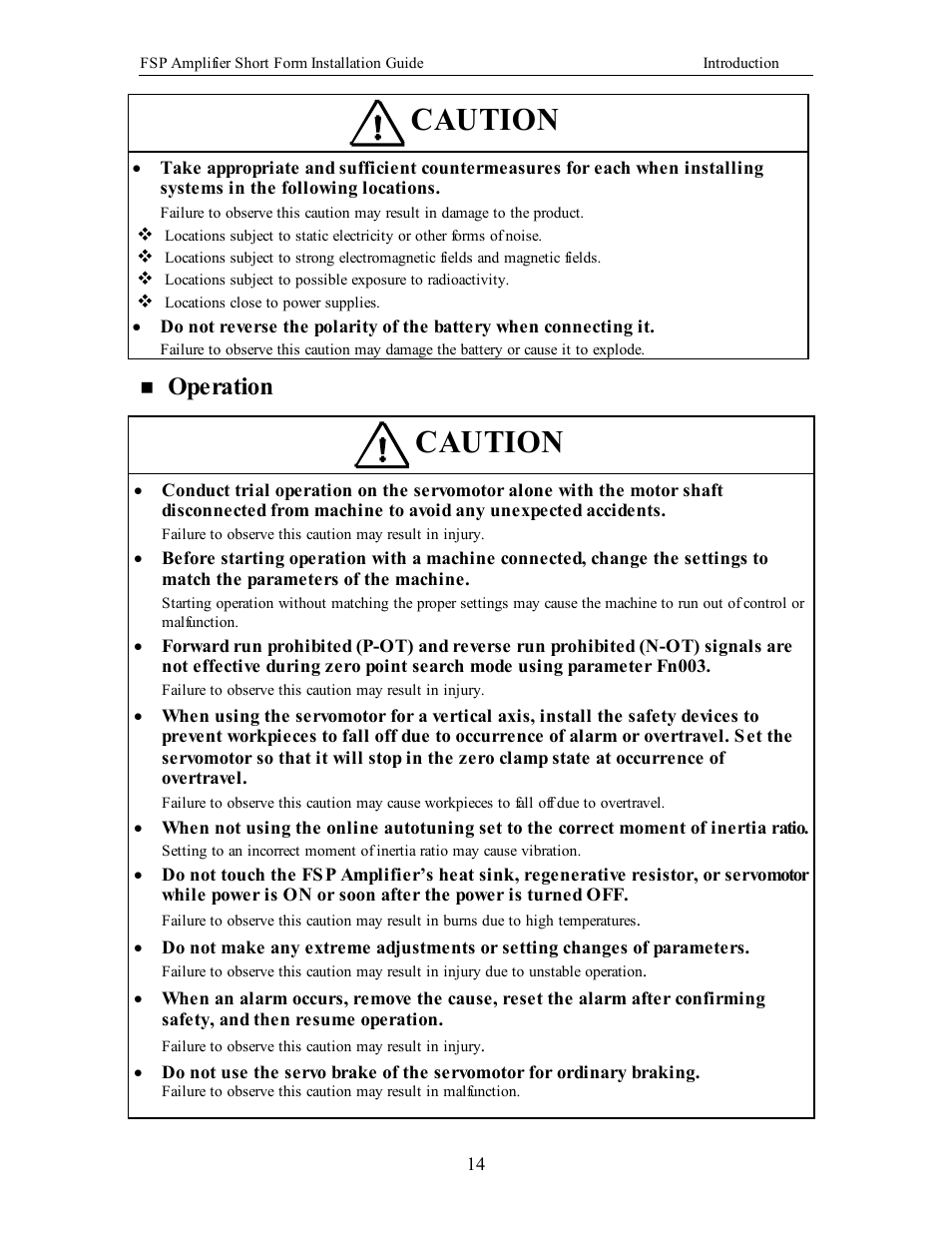 Caution, Operation | Yaskawa FSP Short Form User Manual | Page 14 / 58