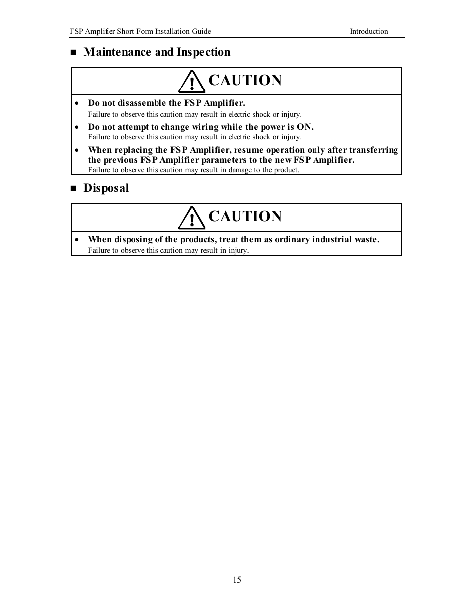 Caution, Maintenance and inspection, Disposal | Yaskawa FSP Short Form User Manual | Page 15 / 58