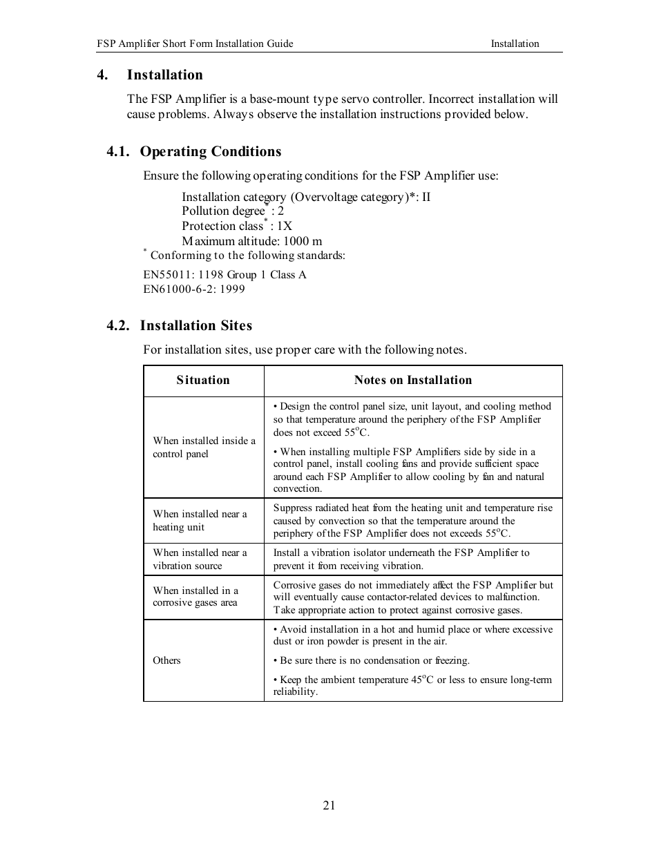 Installation, Operating conditions, Installation sites | Yaskawa FSP Short Form User Manual | Page 21 / 58