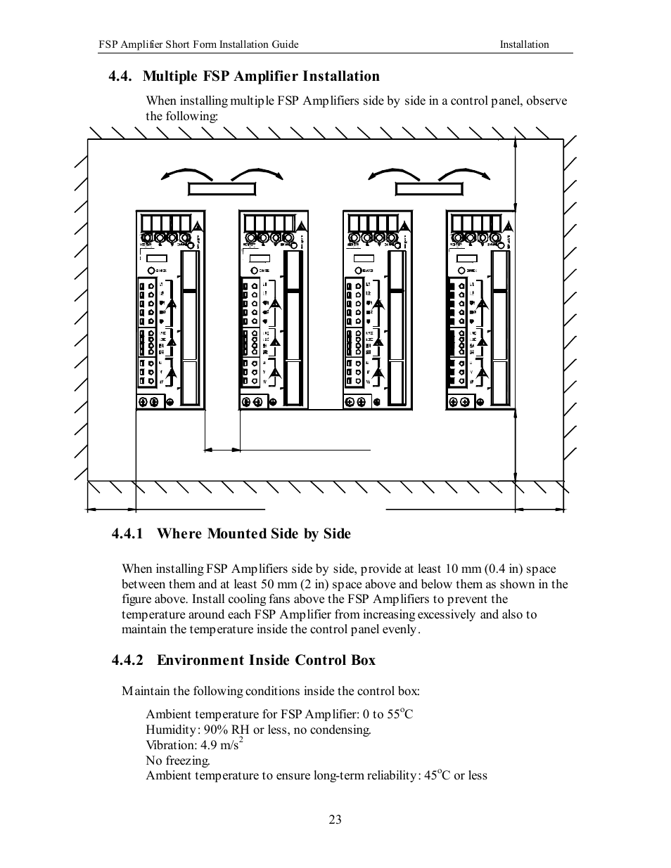 Multiple fsp amplifier installation, 1 where mounted side by side, 2 environment inside control box | C or less 23 | Yaskawa FSP Short Form User Manual | Page 23 / 58