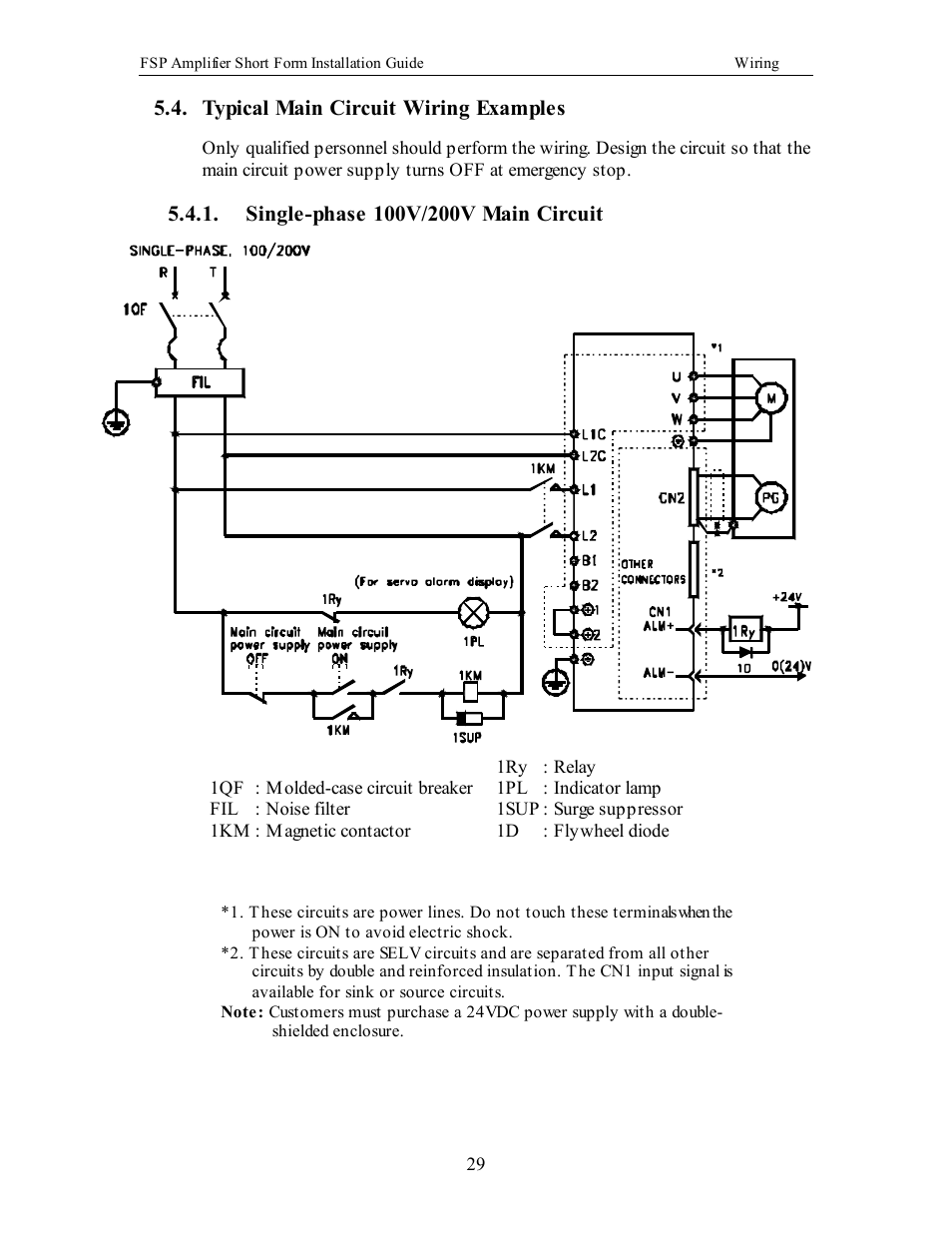 Typical main circuit wiring examples, Single-phase 100v/200v main circuit, Single-phase 100 v/200 v m ain circuit | Yaskawa FSP Short Form User Manual | Page 29 / 58