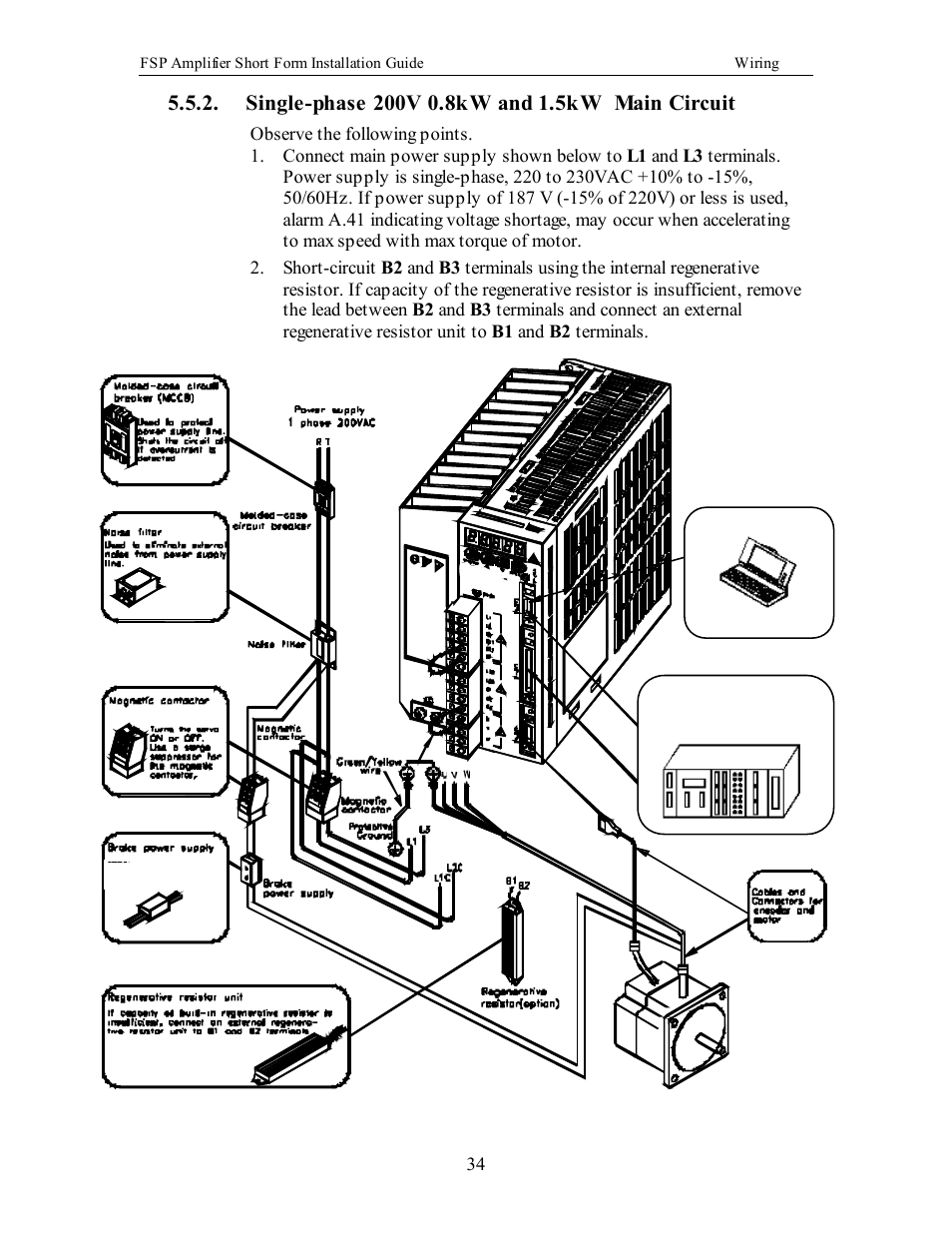 Single-phase 200v 0.8kw and 1.5kw main circuit, Single-phase 200 v 0.8 kw and 1.5 kw m ain circuit | Yaskawa FSP Short Form User Manual | Page 34 / 58