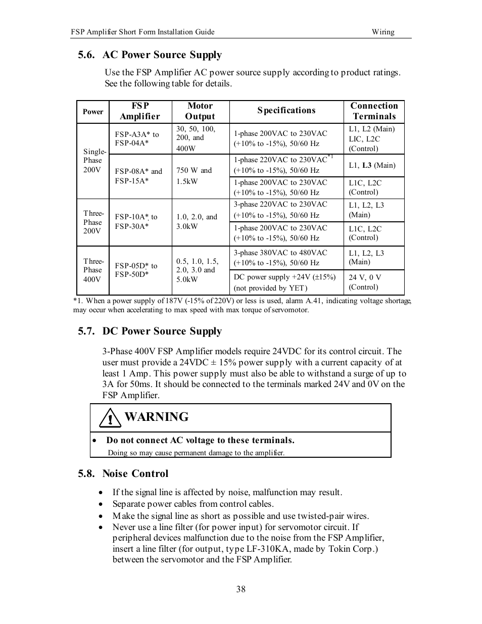 Ac power source supply, Dc power source supply, Noise control | Warning | Yaskawa FSP Short Form User Manual | Page 38 / 58