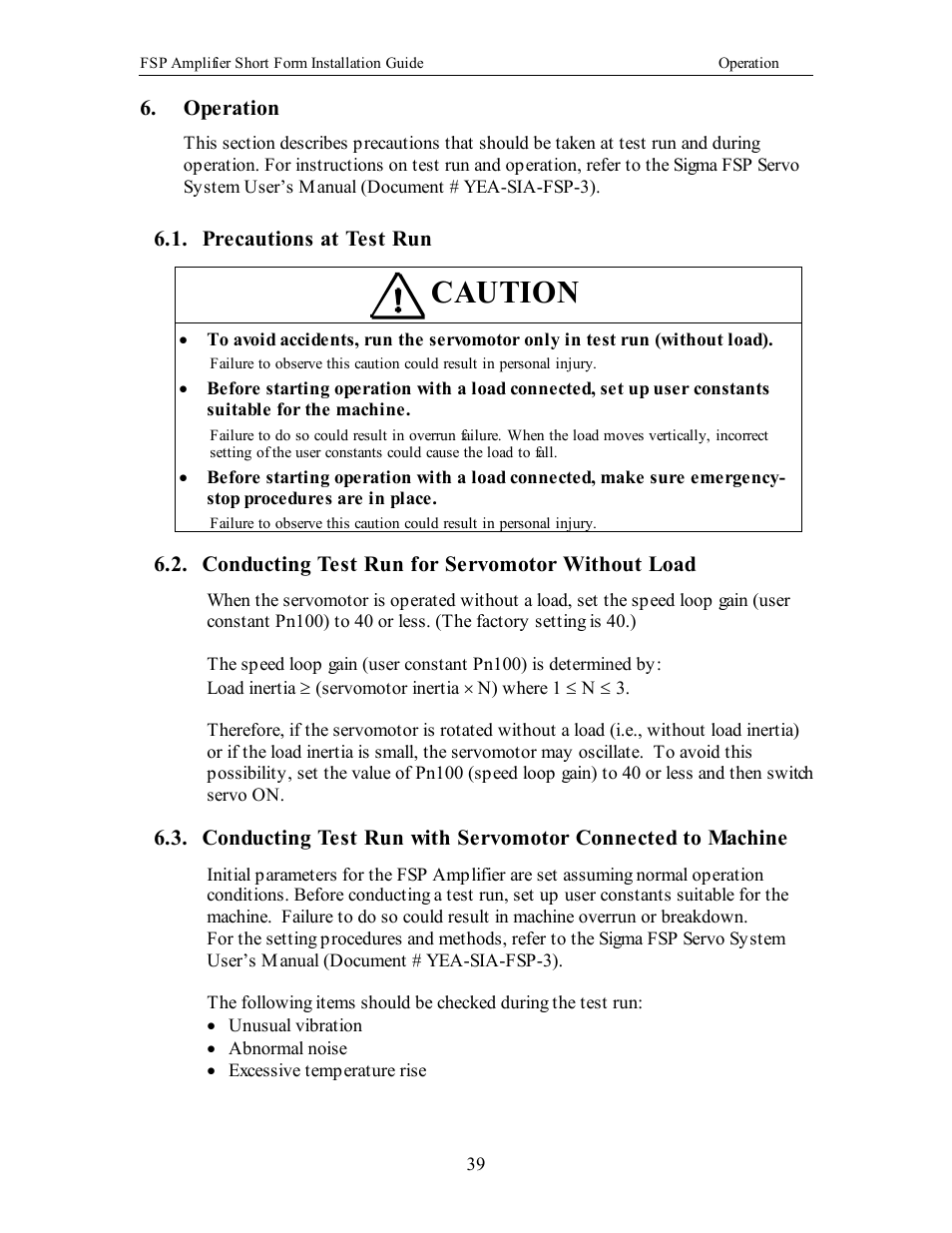 Operation, Precautions at test run, Conducting test run for servomotor without load | Caution | Yaskawa FSP Short Form User Manual | Page 39 / 58
