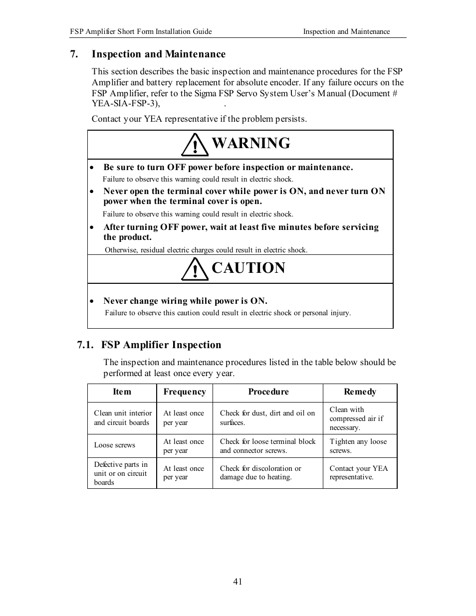 Inspection and maintenance, Fsp amplifier inspection, Warning | Caution | Yaskawa FSP Short Form User Manual | Page 41 / 58