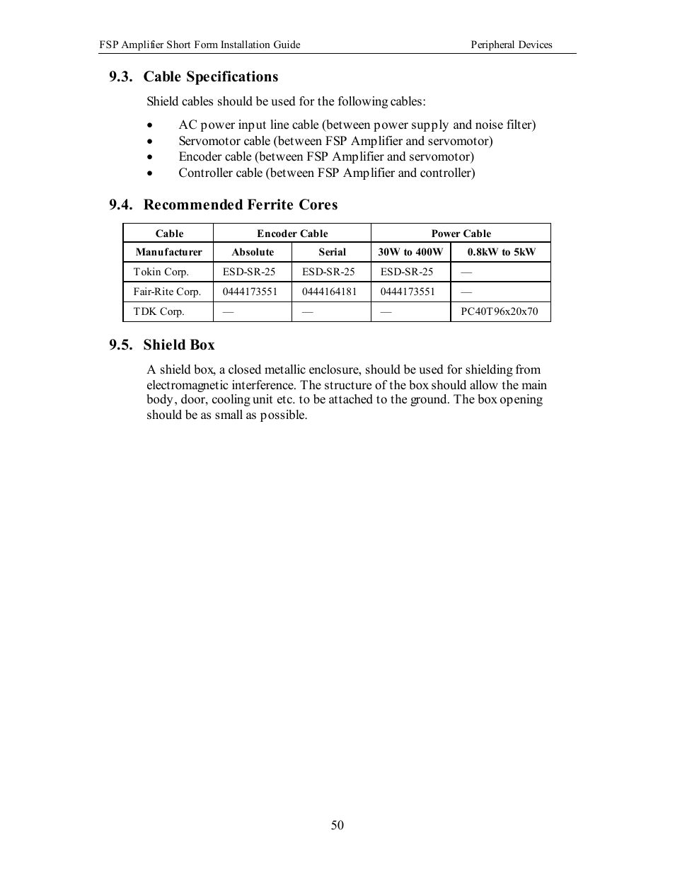 Overload characteristics, Cable specifications, Recommended ferrite cores | Shield box | Yaskawa FSP Short Form User Manual | Page 50 / 58