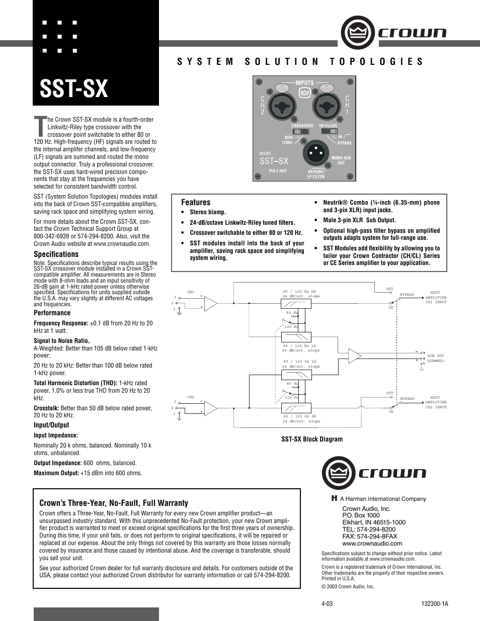 Crown Audio SST-SX User Manual | 1 page