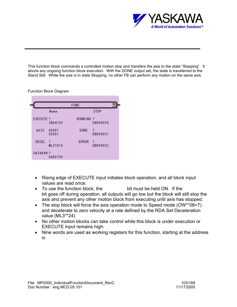 Stop function, Stop> function block summary, Stop> function block operation notes | Stop | Yaskawa MP2000 User Manual | Page 103 / 168