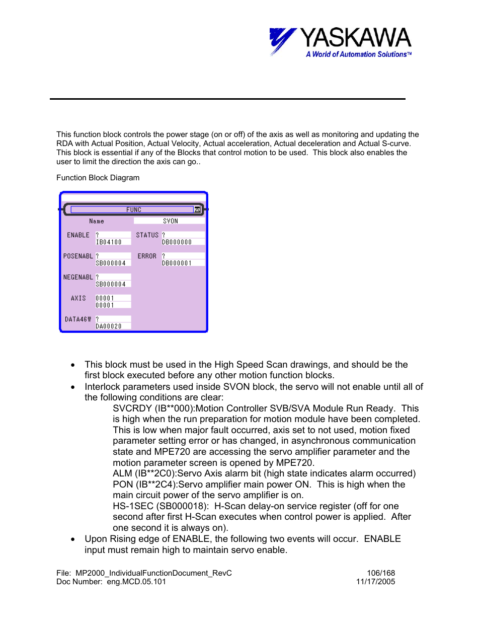 Servo enable power function, Svon> function block summary, Svon> function block operation notes | Svon | Yaskawa MP2000 User Manual | Page 106 / 168